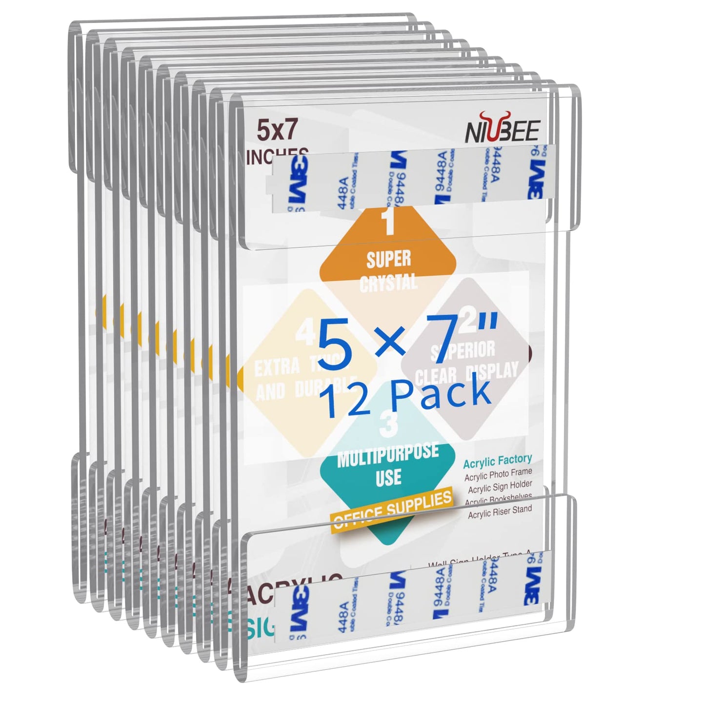 Niubee Acrylic 5x7, Wall Mount Door Sign Holder Memo Holder Clear Wall Frame with 3M Tape Adhesive for Office, Home, Store, Restaurant, No Drilling - Vertical (12 Pack)