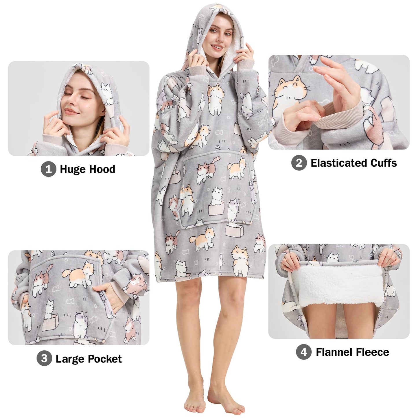 Fotgear Wearable Blanket Hoodie for Women, Oversized Hoodie Blanket with Giant Hood Pocket, One Size Fits All, Soft Warm Cozy Sherpa as Gifts for Adults, Teens (Grey)