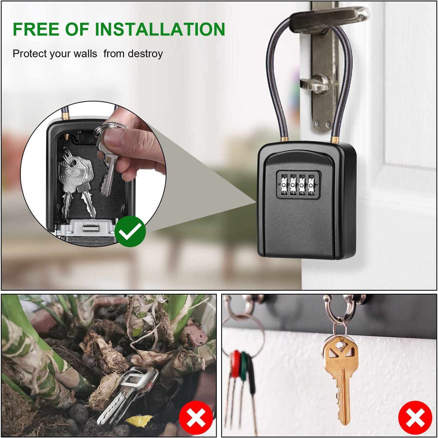 Key Lock Box, [New Version] [Flexible Rope] Diyife Portable Outdoor Lock Box for Keys with Removable Chain, Weatherproof 4-Digit Combination Key Safe for Home Garage AirBnb Office [2 Packs, Black]