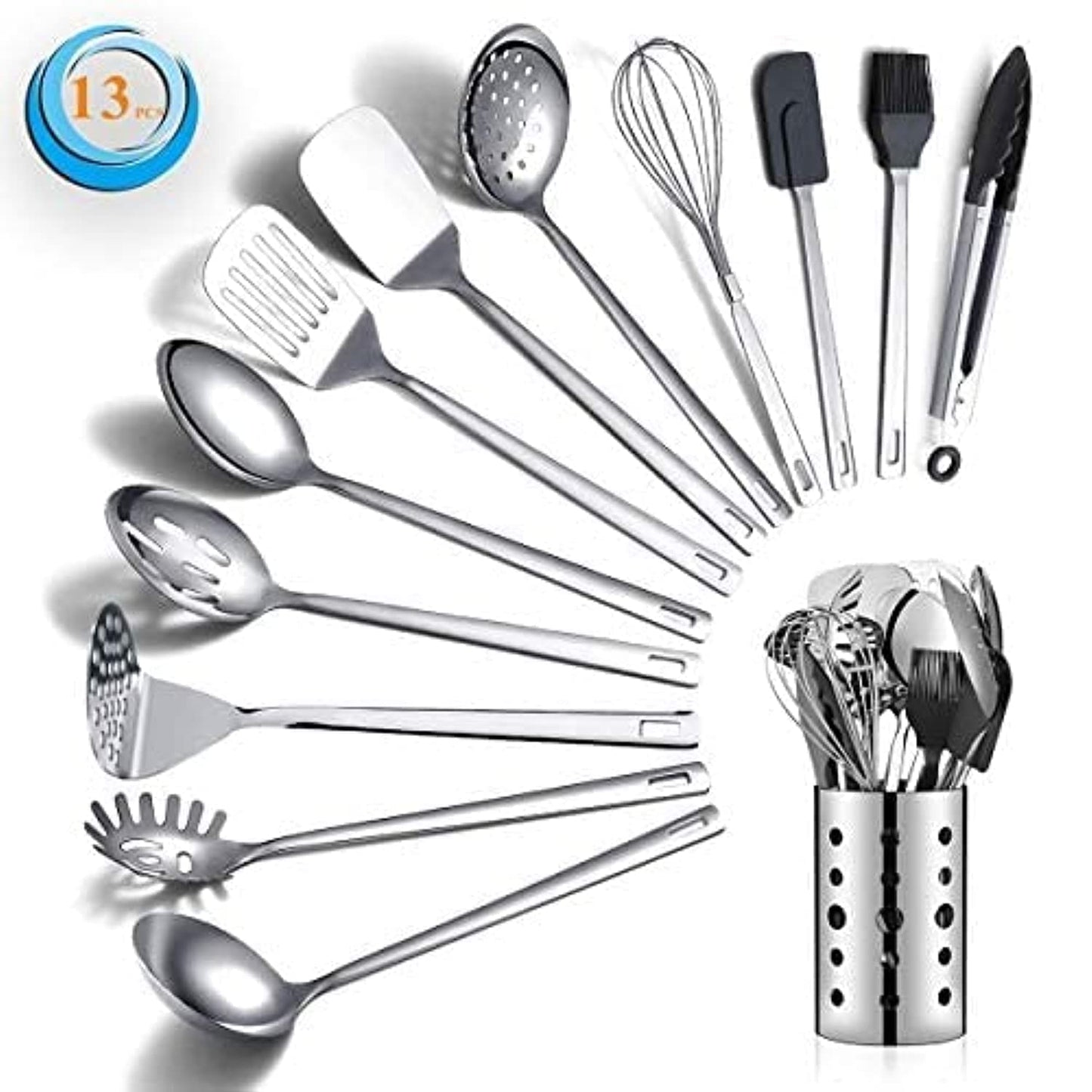 Stainless Steel Cooking Utensils Set, Berglander 13 Pieces Kitchen Utenisls Set, Kitchen Tools Set with Utensil Holder Non-Stick and Heat Resistant,Dishwasher Safe, Easy to Clean (13 Packs)