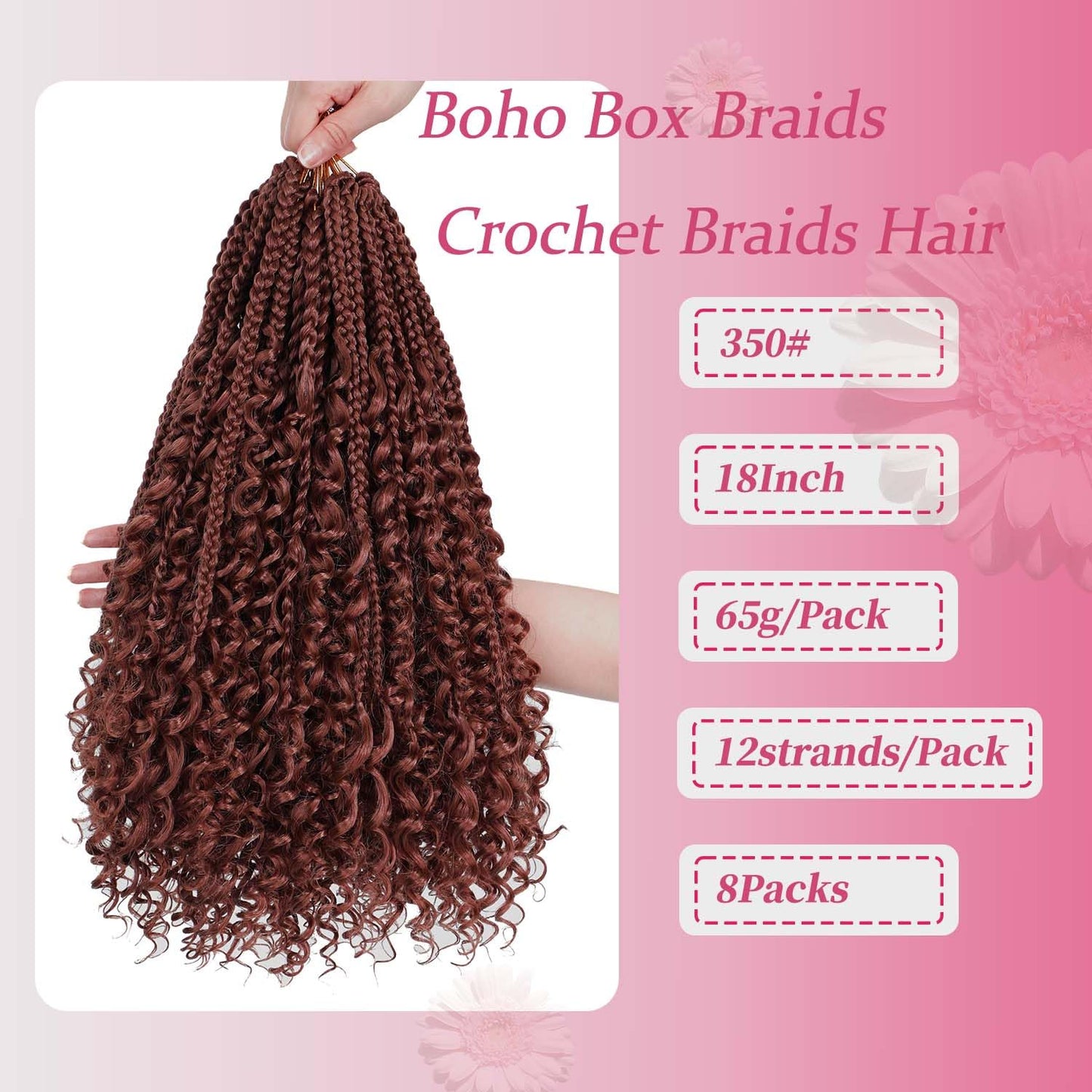 Goddess Box Braids Crochet Hair Pre Looped Boho Box Braids Braiding Hair Curly Ends Bohomian Crochet Box Braids (350#, 18 inch)