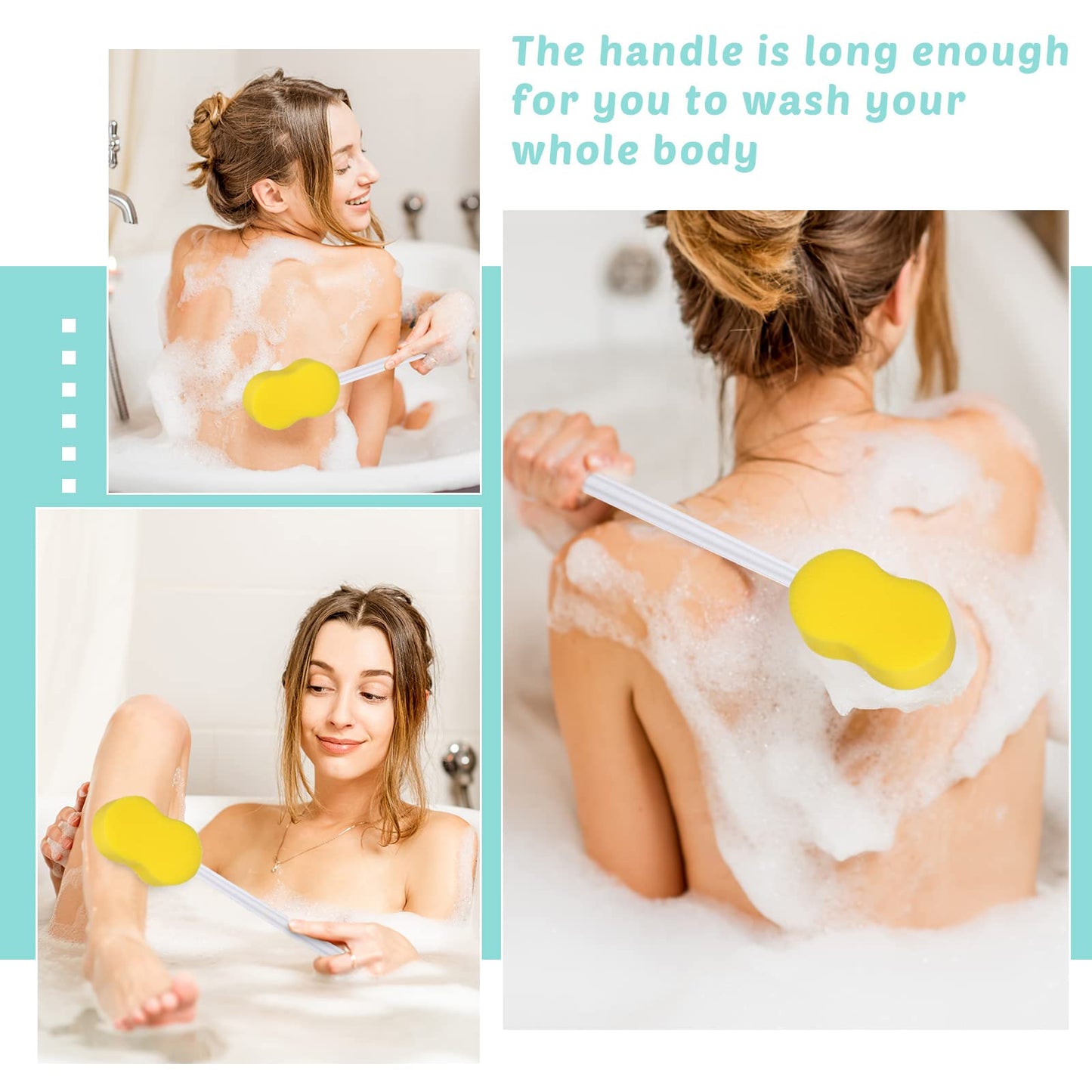 Yetene 3 Pcs Long Handle Bath Sponge 22.4'' Back Sponge on a Stick Lightweight Back Washer Handled Butt Scrubber Shower Brush for Foot Body Cleaning Bathing Limited Motion, Yellow(8-shape Style)