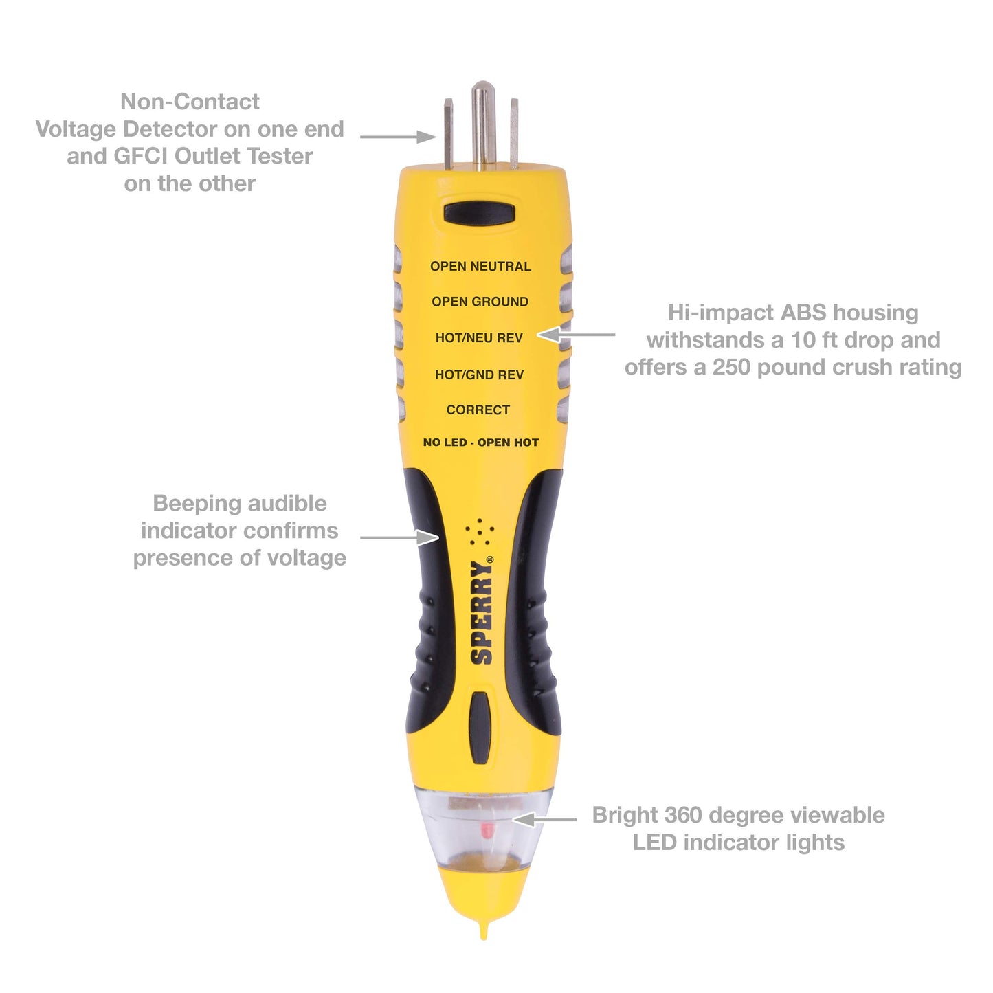 Sperry Instruments New Patent Pending Dual Check 2-in-1 Tester, 50-1000V AC Non-Contact Voltage Detector, GFCI Outlet Circuit Analyzer, 1/Ea