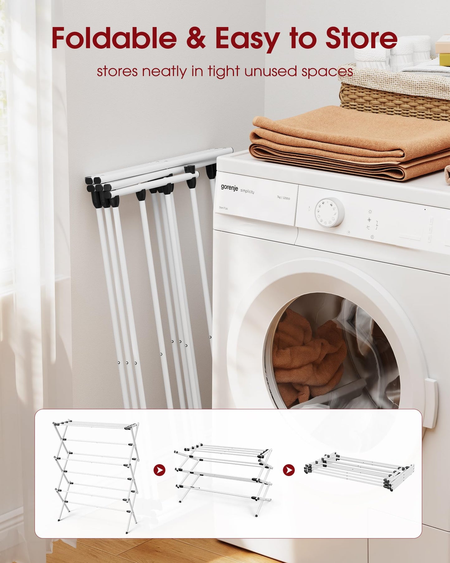 Sakugi 3 Tier Clothes Drying Rack, Foldable Clothes Drying Rack with Non-Slip Feet, Portable Laundry Drying Rack for Clothing, Indoor & Outdoor Use, 73.5 x 29 x 95 cm, White