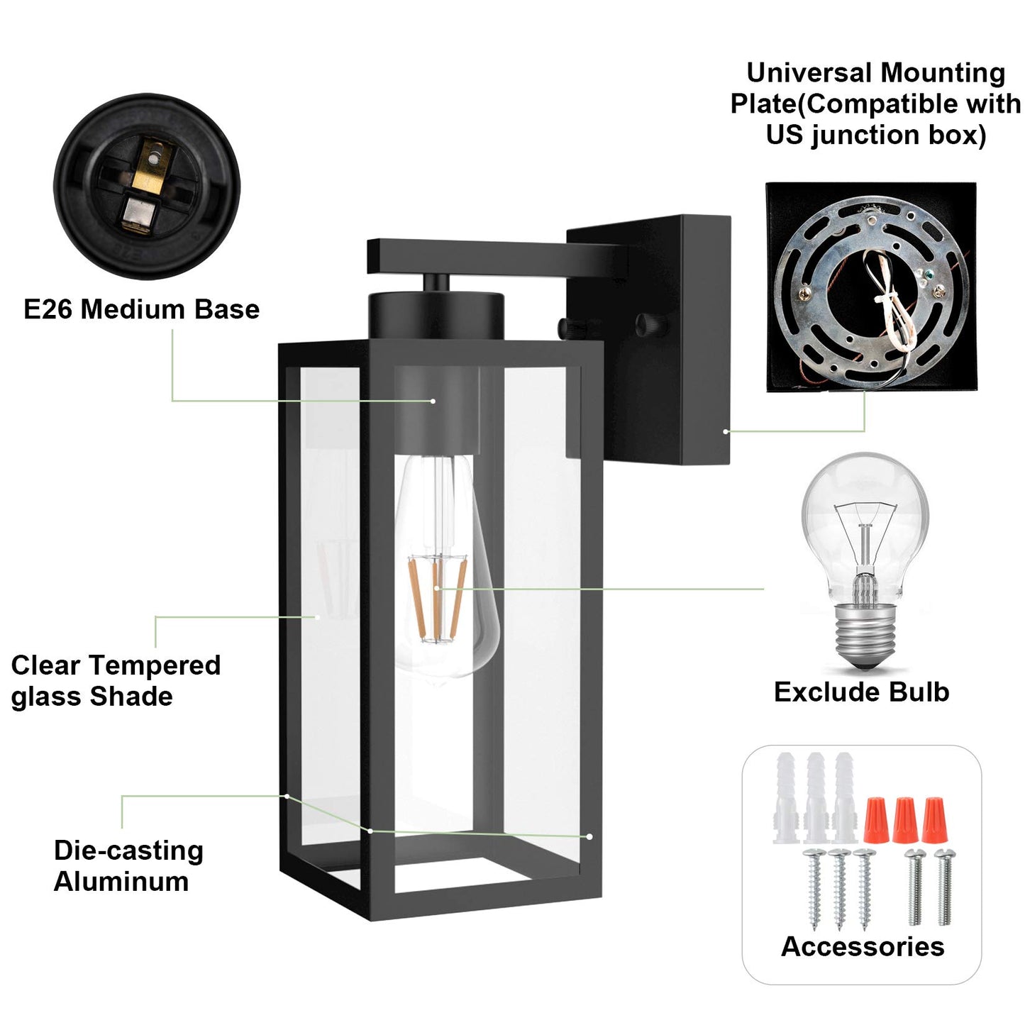 Tipace Outdoor Wall Lantern 2 Pack Black Exterior Wall Sconce with Clear Glass Shade Wall Mount Lights for Entryway,Porch,Doorway