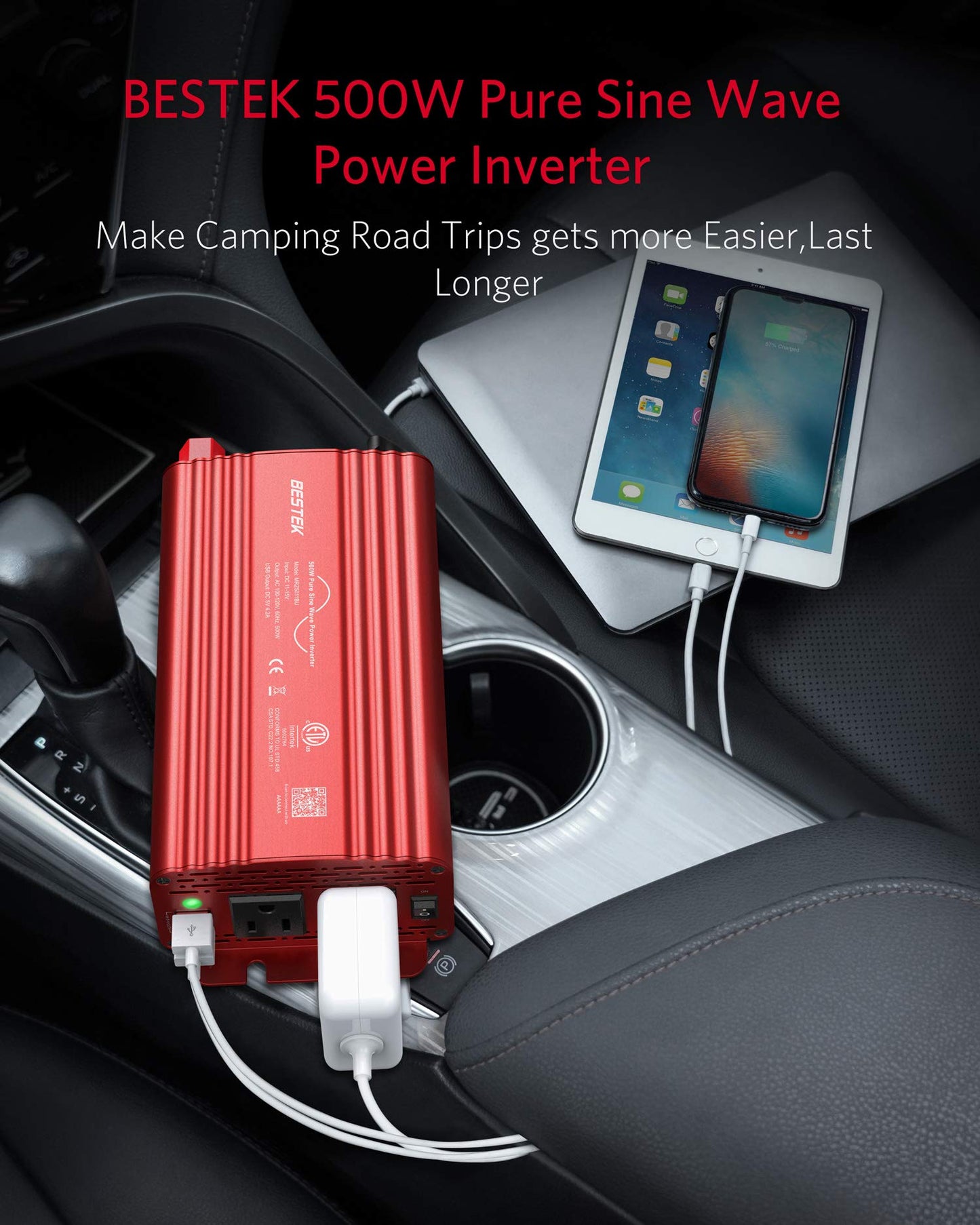 BESTEK 500W Pure Sine Wave Power Inverter DC 12V to AC(2 Outlets) 110V Car Charger Plug Inverter Adapter Converter with 4.2A Dual USB Charging Ports, ETL Listed