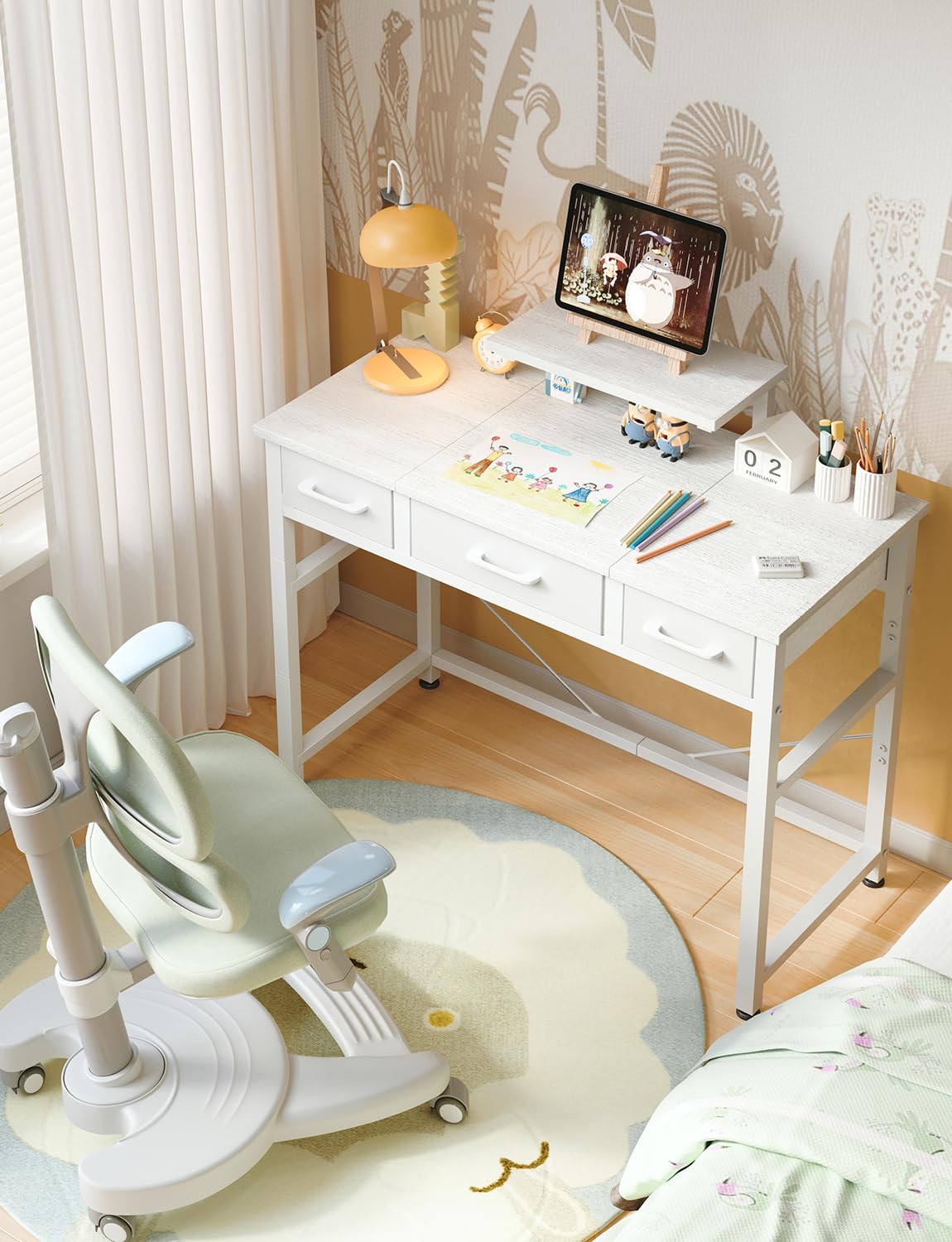 KitMent Small Desk with 3 Fabric Drawers, 30 Inch Computer Desk with Hook, Work for Home Office, Study Table, Kid’s Desk, Makeup Vanity Desks, Made of Wood & Metal, White
