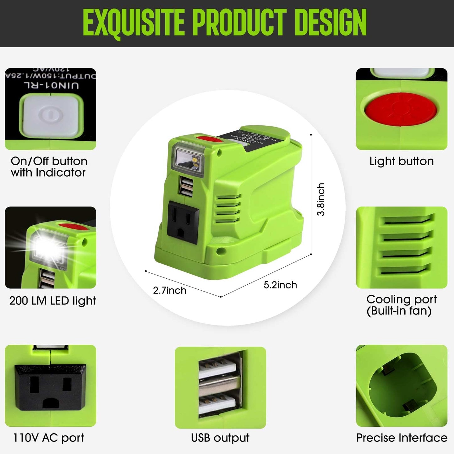 BTRUI for Ryob Powered Inverter Generator 150 Watt for Ryob 18V Battery, to 110v/120v AC Output, Portable Power Source USB Charger Adapter, for Ryob Power Station with LED Light