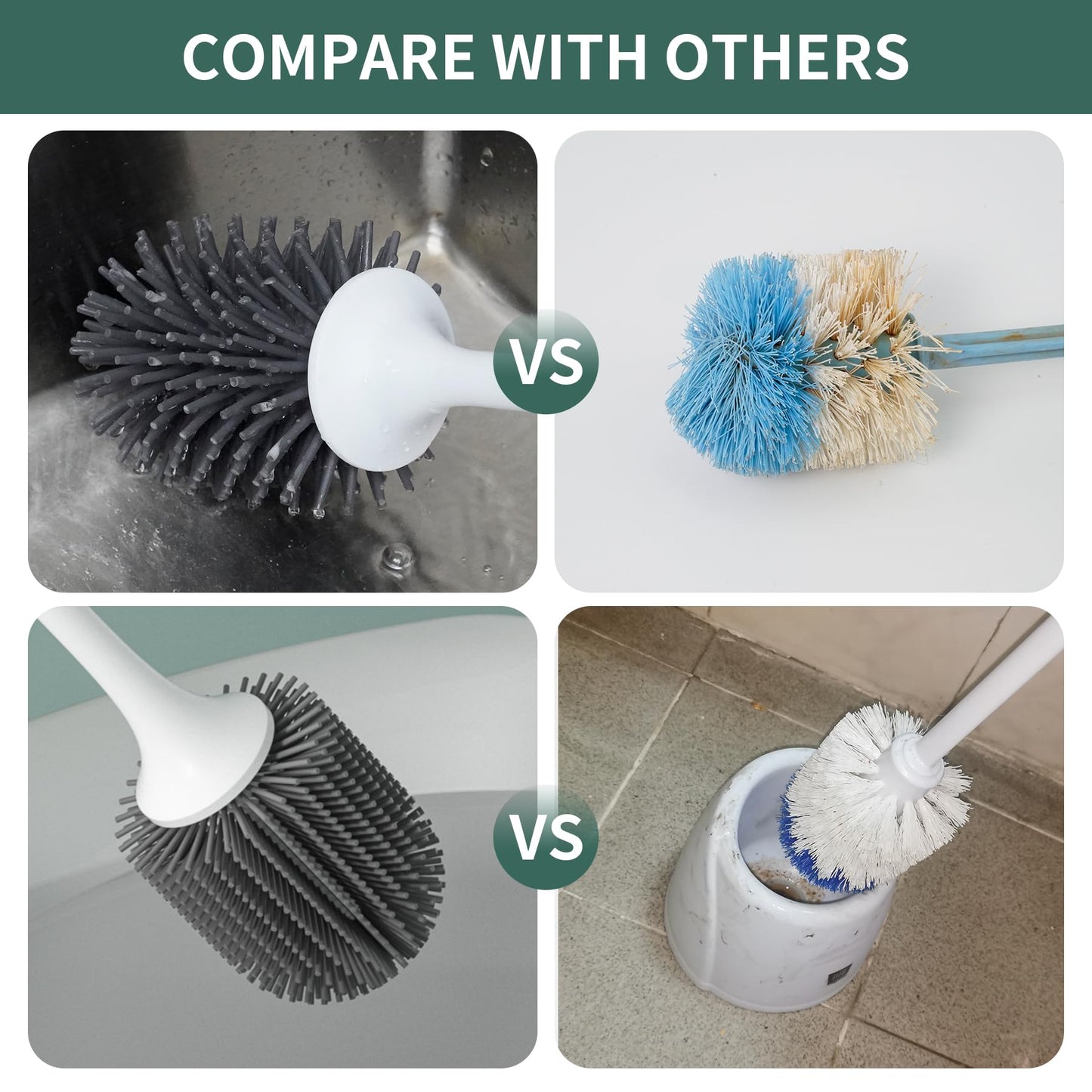 Hibbent 3 Pack Toilet Brush with Ventilated Drying Holder, Silicone Toilet Bowl Brush Bathroom Cleaning Bowl Brush Kit Sturdy Toilet Brush, Floor Standing & Wall Mounted Without Drilling, Black