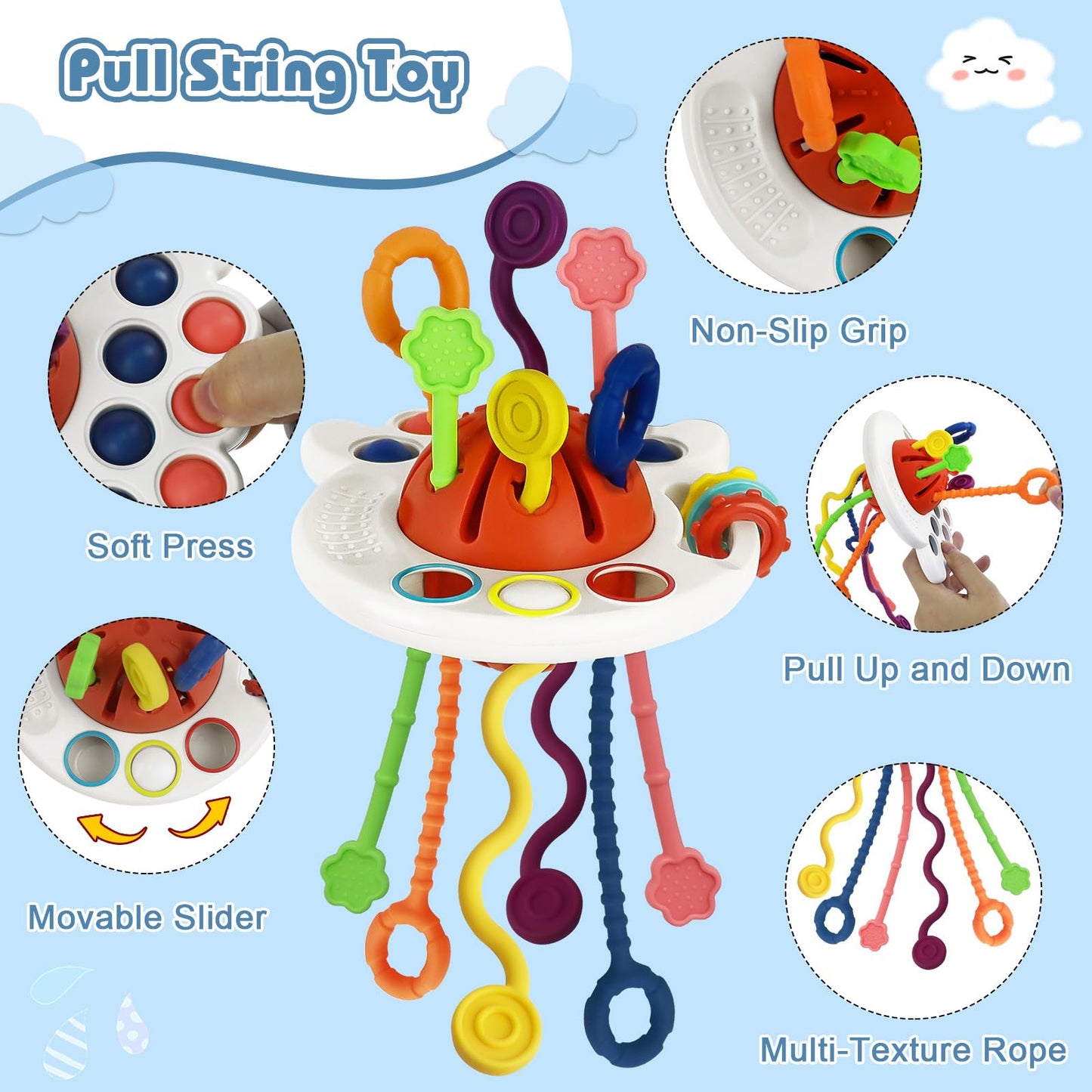 6 in 1 Baby Montessori Toys for 6-12 Months, Montessori Toys for Babies Incl Pull String Toy, Stacking Cups, Tissue Box Toy, Suction Cup Spinner Toys, Stacking Blocks, Activity Cube Gift for Boy Girl