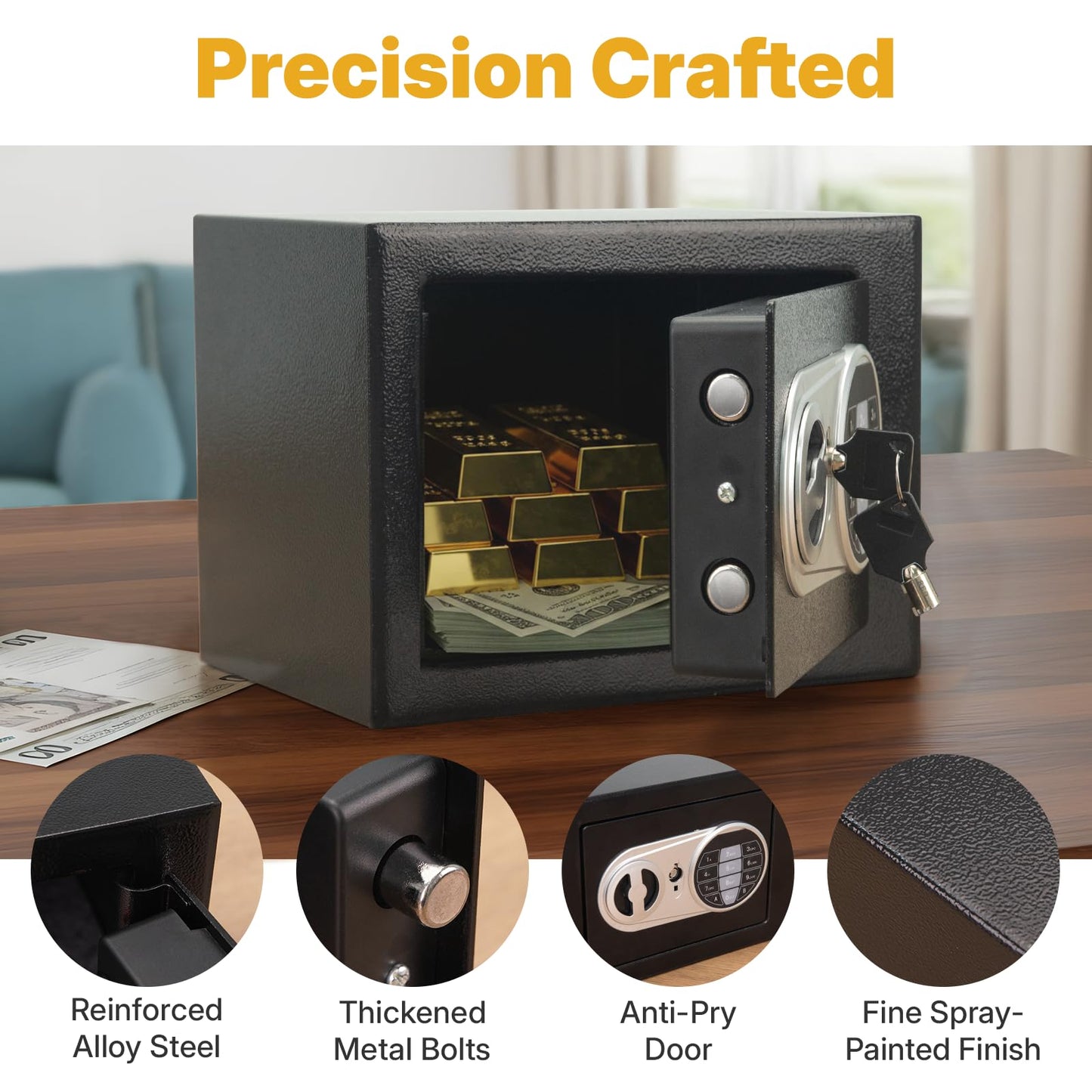 JEAWIWI Safe Box Steel 0.23 Cubic Feet, Black Fire and Water Proof Small Safe, Money Safe with Key and Electronic Keypad Security Lock, for Cash, Documents, Jewelry, 9" x 6.7" x 6.7" Inches