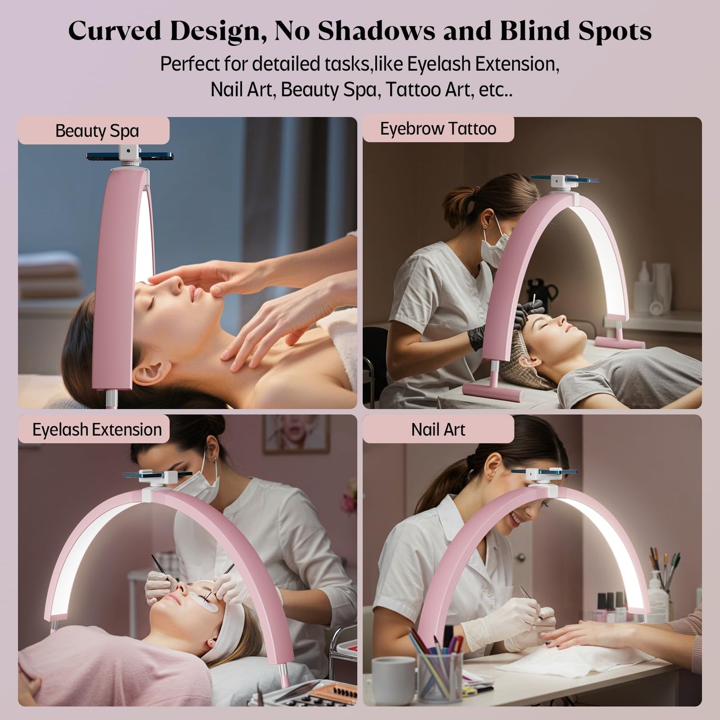 Mznoo Nail Light for Desk, 30in Large Half Moon Light with Phone Holder, 4000 Lumen Bright LED Moon Lamp for Nail Techs, Manicure and Handicraft, Adjustable Color Modes and Brightness (Pink)