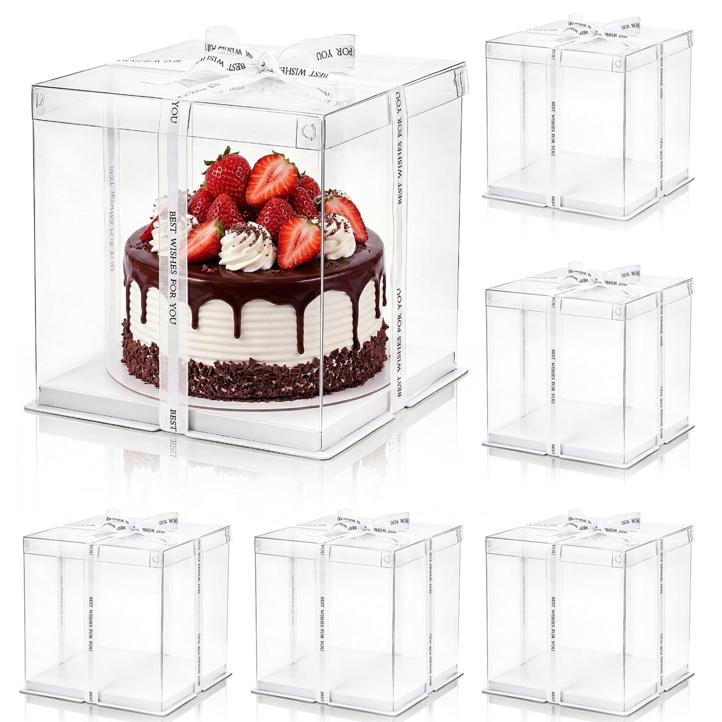 Cididu 6 Pcs Clear Cake Box with Ribbon, 2-Layer Tall Cake Packaging Boxes 8x8x9 Inch, PET Cake Carrier Transport Container for Tiered Cakes, Transparent Gift Display Boxes with Lid for Birthday Party