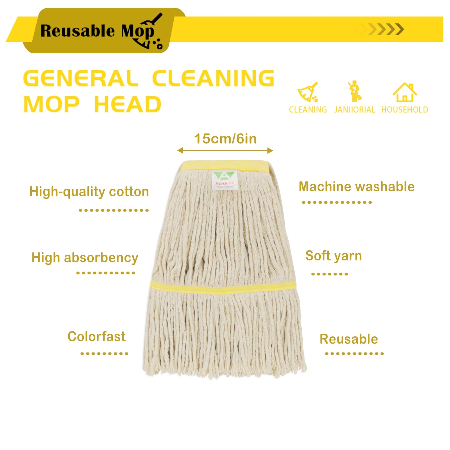 KLHB-YF 16 oz Commercial Cotton Mop Head Replacements, 6-Inch Headband, Tangle-Free, Machine Washable 300 Times, 6-Pack, Suitable for Commercial & Home Use