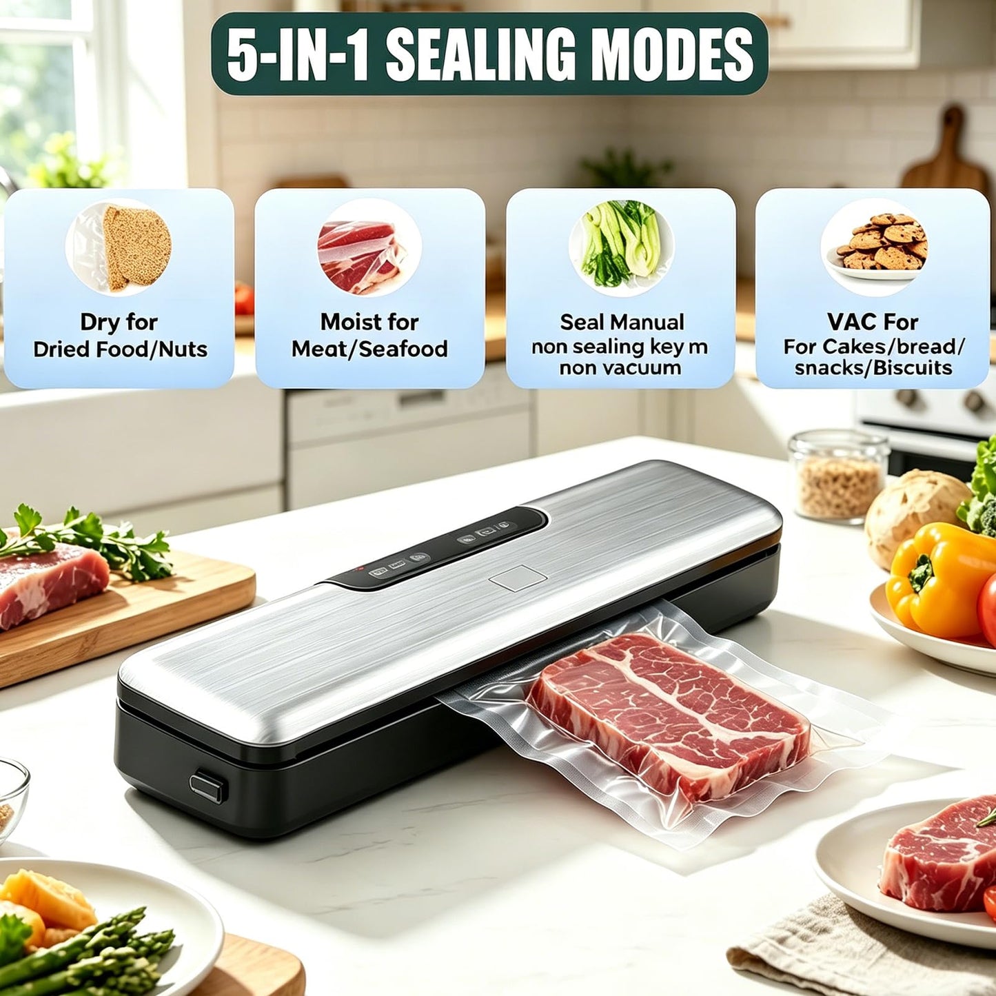 Food Vacuum Sealer Machine Compact Portable Automatic Food Saver for Dry&Moist Food with 100+ Times Continuous Seals 5mm Anti-Freeze Seal 5 Seal Modes for Costco Bulk Meat/Maple Ingredients