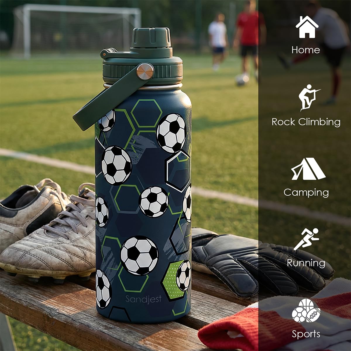 SANDJEST Soccer Water Bottle 32oz Stainless Steel, Travel Tumbler Vacuum Chug Lid Aesthetic Sport for Boys Men Friends Dad Brothers, Gifts for Fathers Day Birthday Christmas