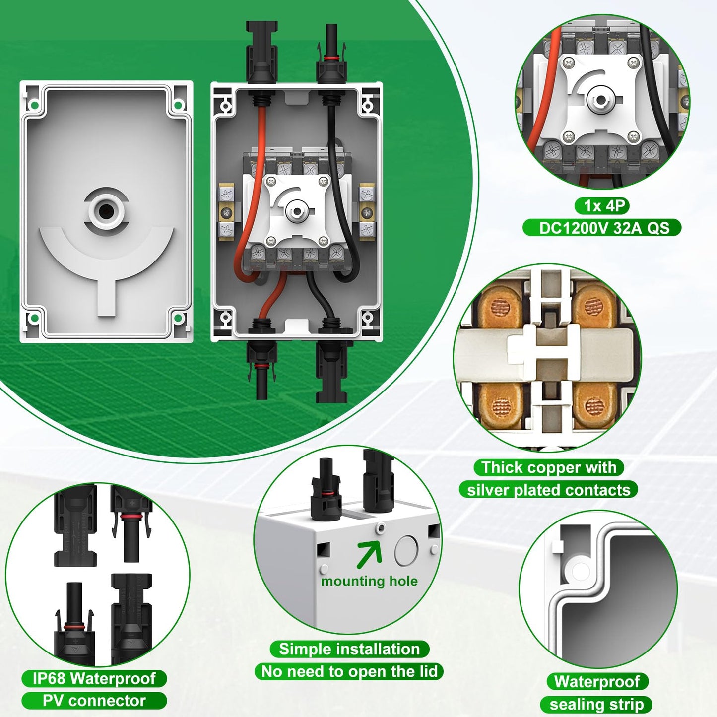 CNLonQcom Solar Disconnect Switch 32 Amp DC1200V Isolator Switch with IP66 Waterproof Outdoor for Rooftop Solar Systems, RVs and Boats