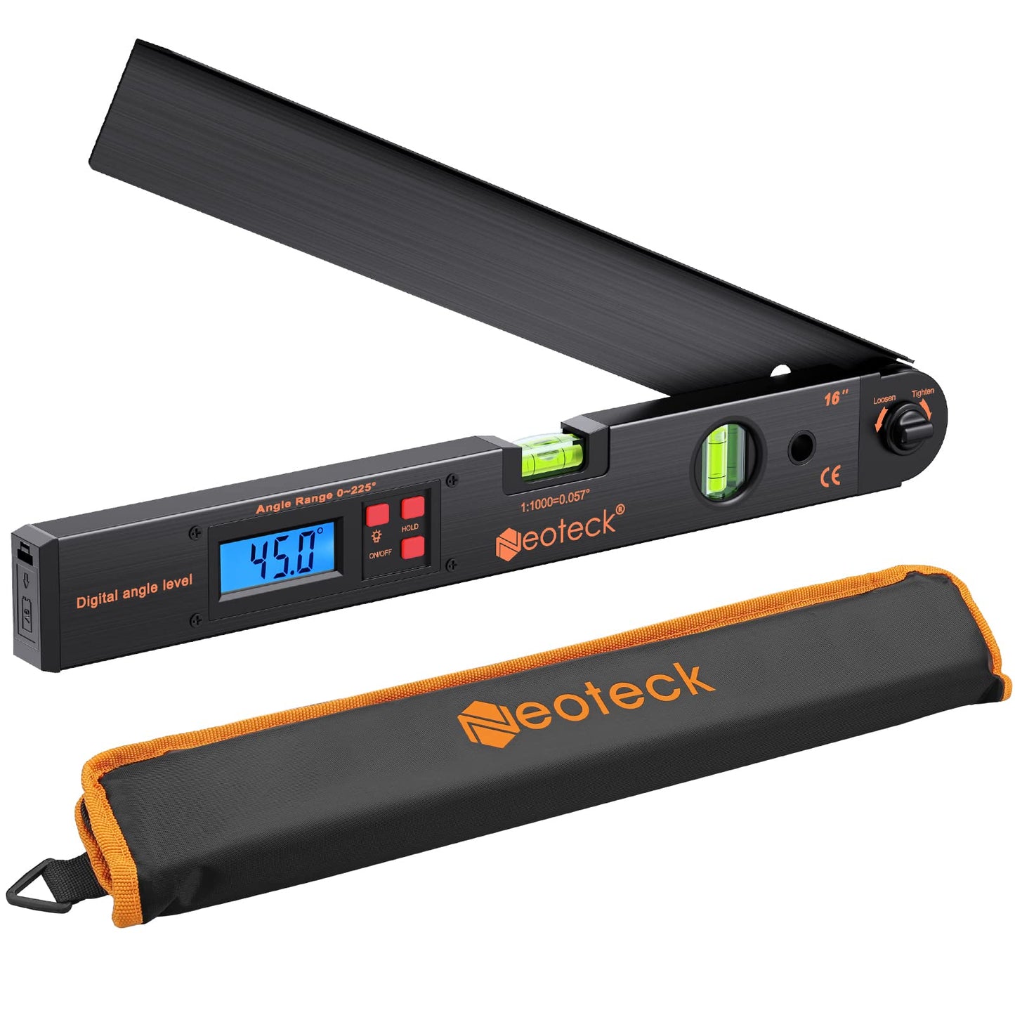 Neoteck Aluminum Angle Finder 225° 16 inch Digital Protractor Angle Ruler LCD Backlight Digital Angle Measuring Tool with Horizontal&Vertical Bubble for Woodworking Construction DIY