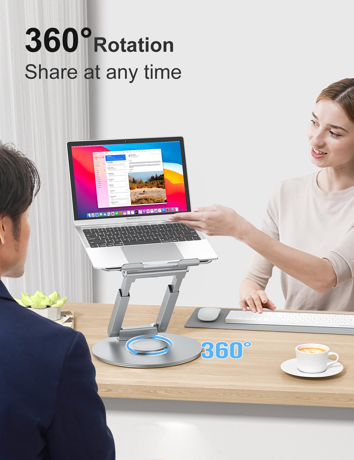 Tounee Telescopic Laptop Stand for Desk with 360° Swivel Base, Sit to Stand, Height Adjustable, Portable Riser Holder for Good Posture, Compatible with MacBook Pro, All Laptops 10-17"-Silver