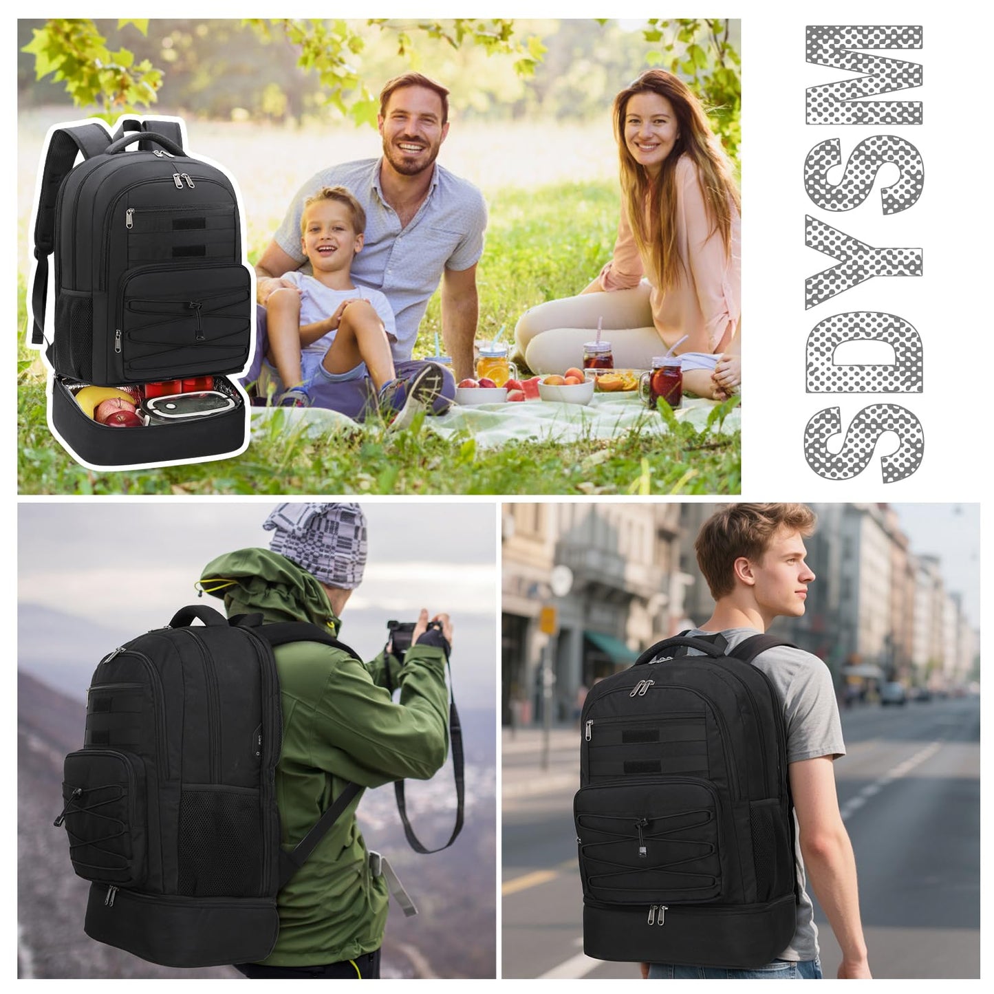 SDYSM Lunch Backpack for Men, 17.3 Inch Laptop Backpack with Charging Port & Earphone Hole Travel Work Backpack with Insulated Lunch Bag Waterproof Computer Backpack for College School Business, Black