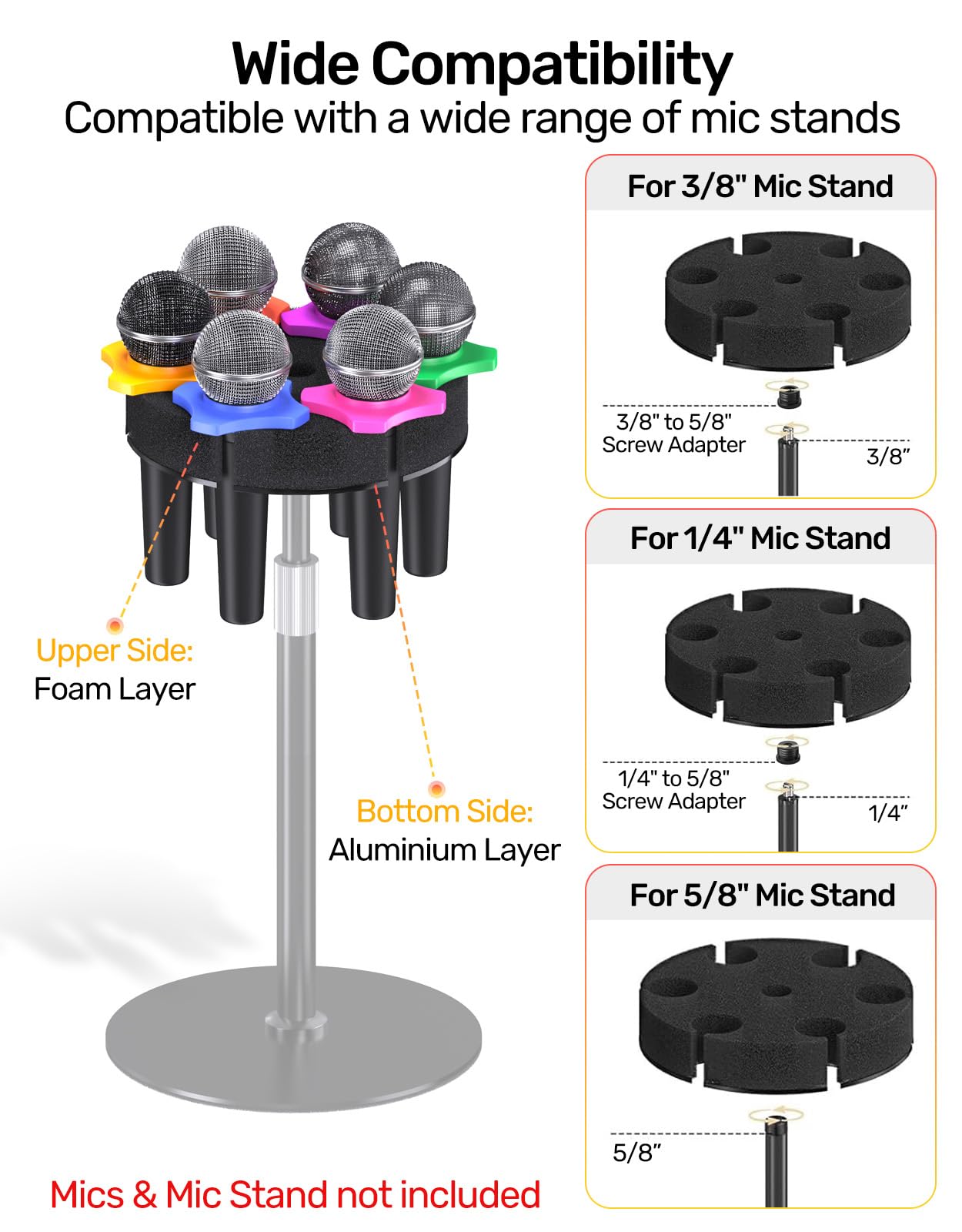 Multi Microphone Holder【Aluminum/Upgraded】Multi Mic Holder Up to 6 Mics, Wired and Wireless mic Holder for Stand, Multiple Microphone Holder for storage Organizer & Display, w/ 3/8"-16 Threaded