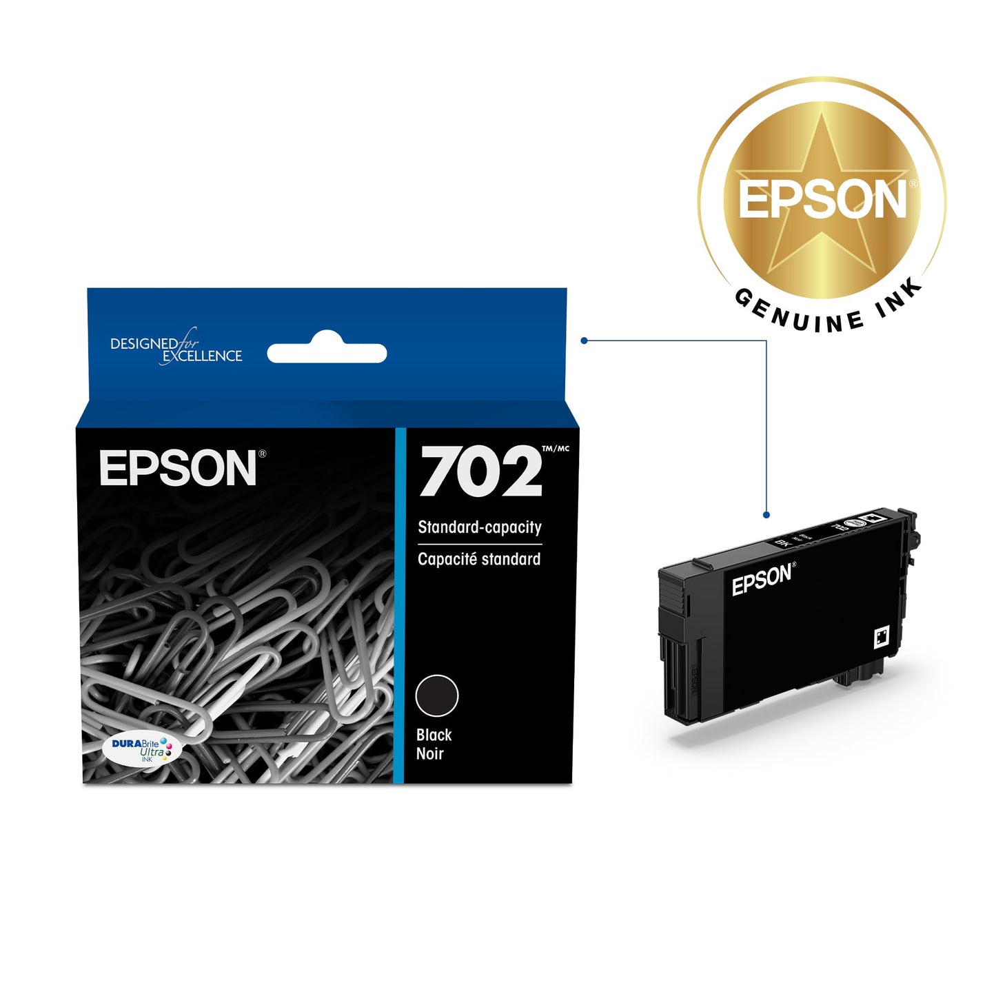 EPSON 702 DURABrite Ultra Ink Standard Capacity Black Cartridge (T702120-S) Works with Workforce Pro WF-3720, 3730, 3733