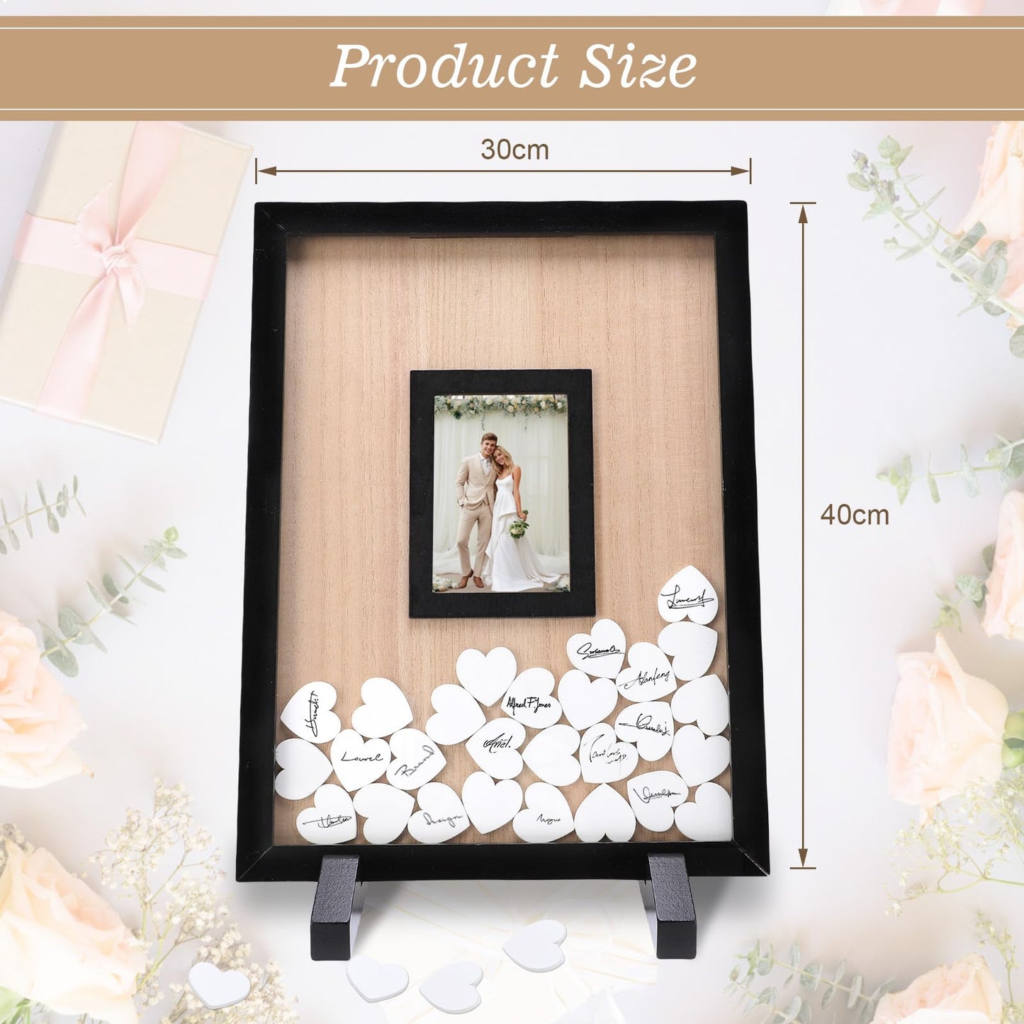 Gugxiom Wedding Guest Book Alternative, Wooden Picture Frame Guestbooks with 90+ hearts, Guest Book Alternative for Wedding Baby Shower Anniversary Birthday Party (Black)