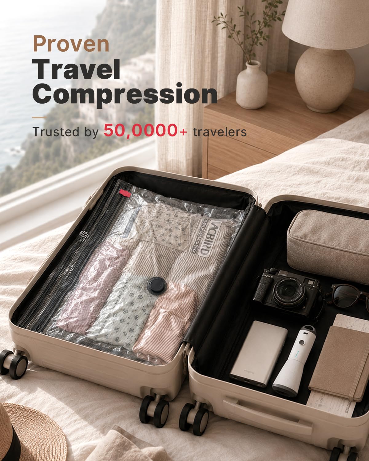 Vacbird Vacuum Bags for Travel with Rechargeable Pump, 15 Pack Carry-On Size(5L/5M/5S) Compression Packing Seal Bags for Luggage Suitcase, Space Saver for Clothing and Clothes Storage Travel