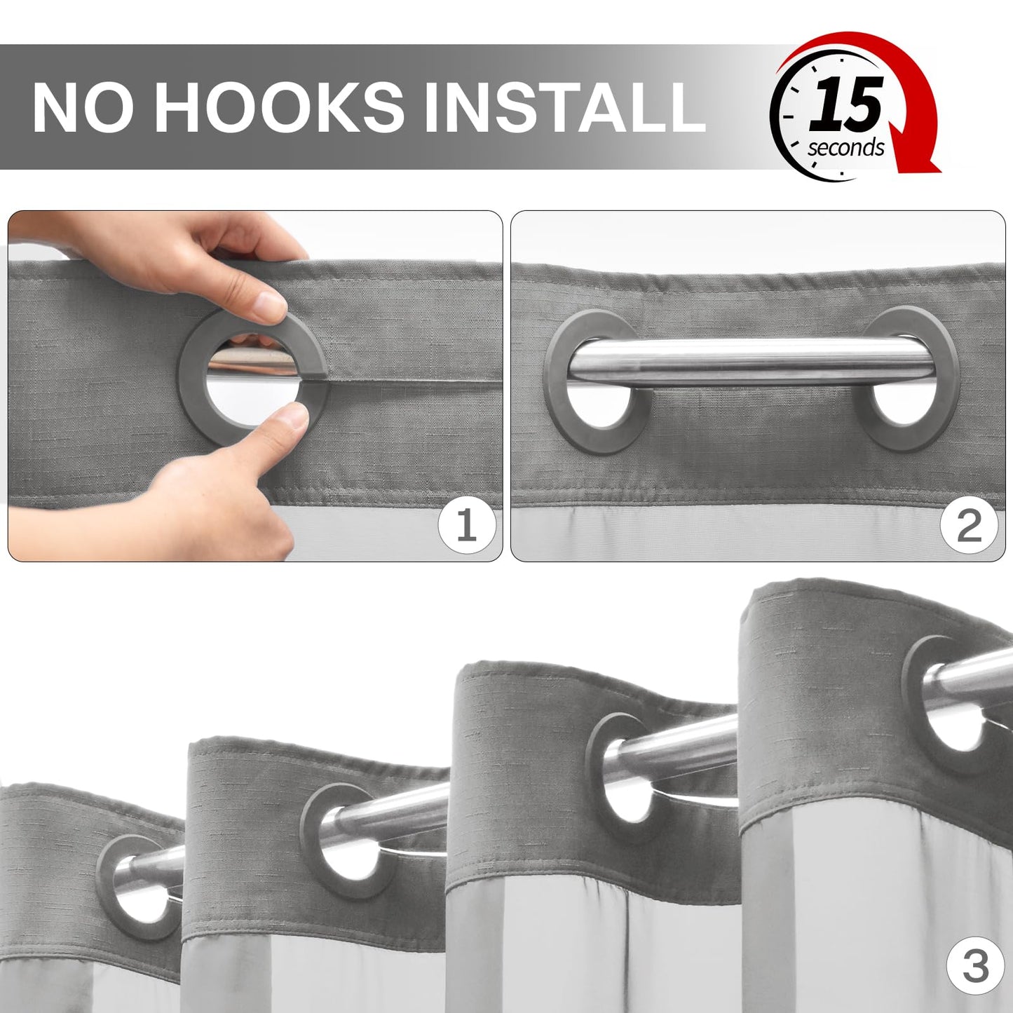 No Hook Slub Textured Shower Curtain with Snap in Liner - Fabric Outer Curtain & Waterproof Inner Liner, Hotel Style with See Through Top Window, Grey, 71" W x 74" L