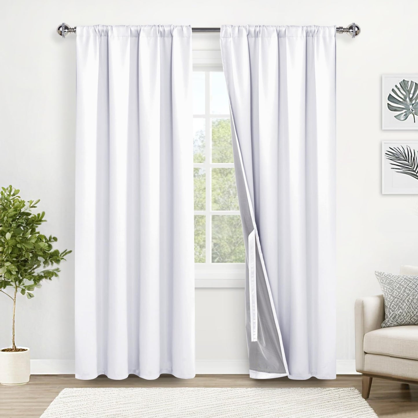 XWZO 100% Blackout Curtains 2 Panels - Room Darkening Thermal Insulating Back Tab & Rod Pocket Bedroom Curtains with Tiebacks for Nursery Rideaux, White, W52 x L84