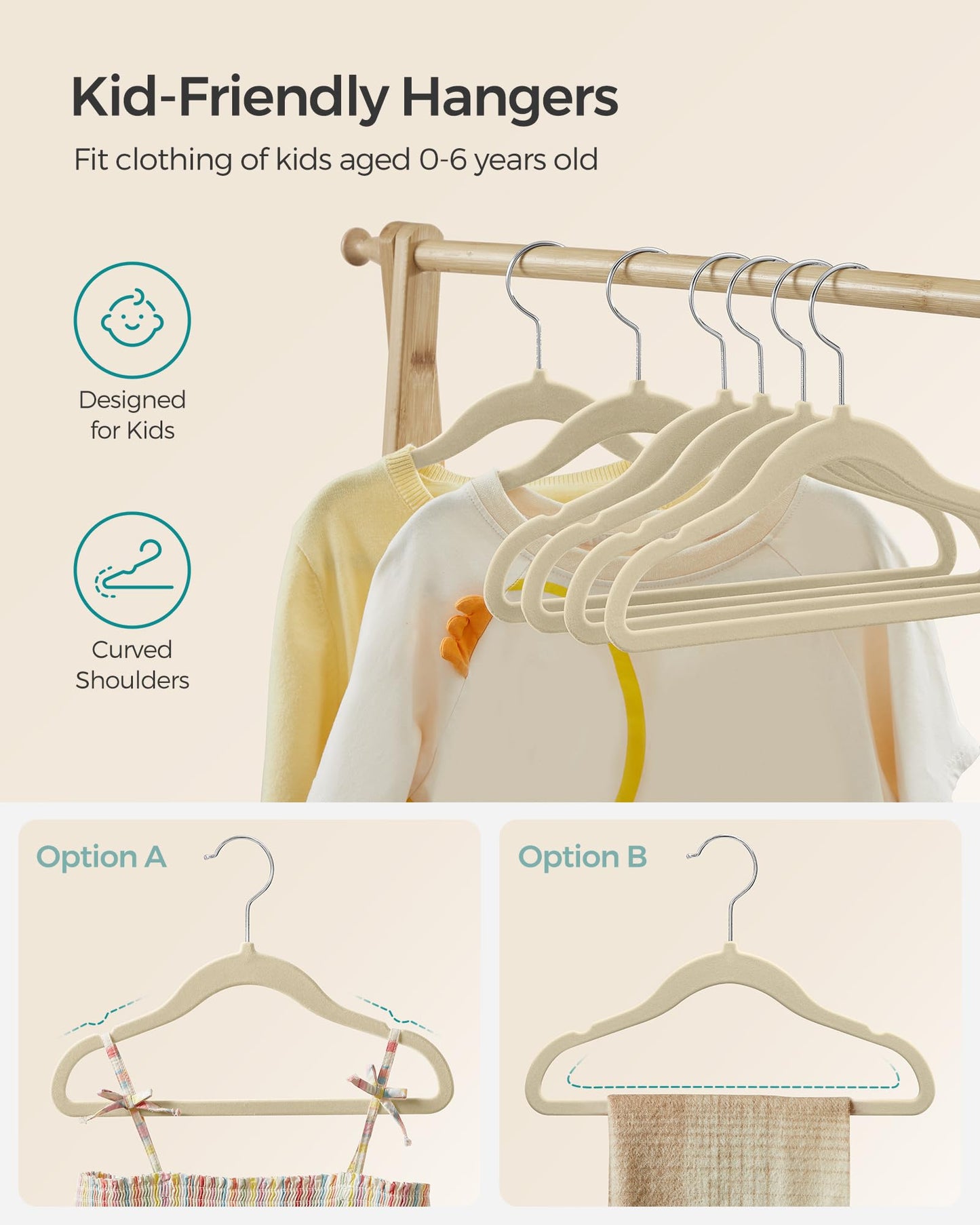SONGMICS Baby Kids Hangers 50 Pack for Closet, 11.8 x 8.1 Inches, Silver 360° Swivel Hooks, Space-Saving Clothes Velvet Hangers for Nursery, Non-Slip, Summer Sand UCRF027K05