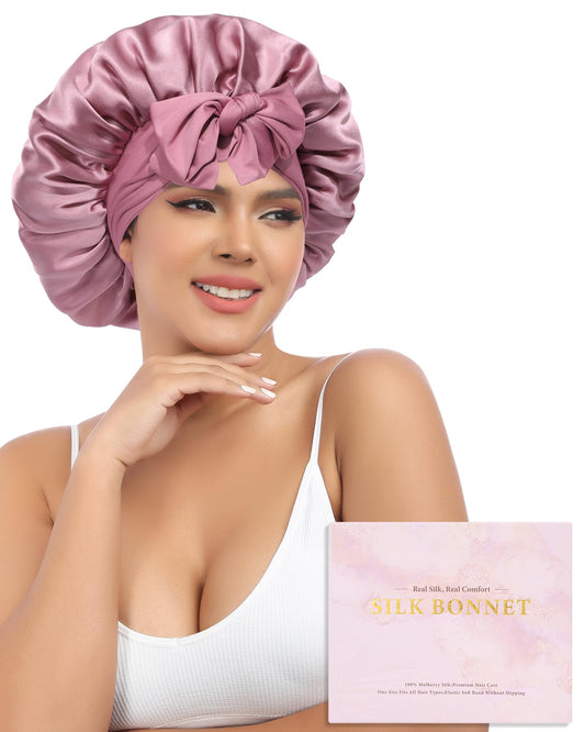 AWAYTR Silk Bonnet for Sleeping Women - 100% Mulberry Silk Bonnet with Band 2 Layer Reversible Hair Bonnet Sleeping Hair Wrap (Dust rose/Pink)
