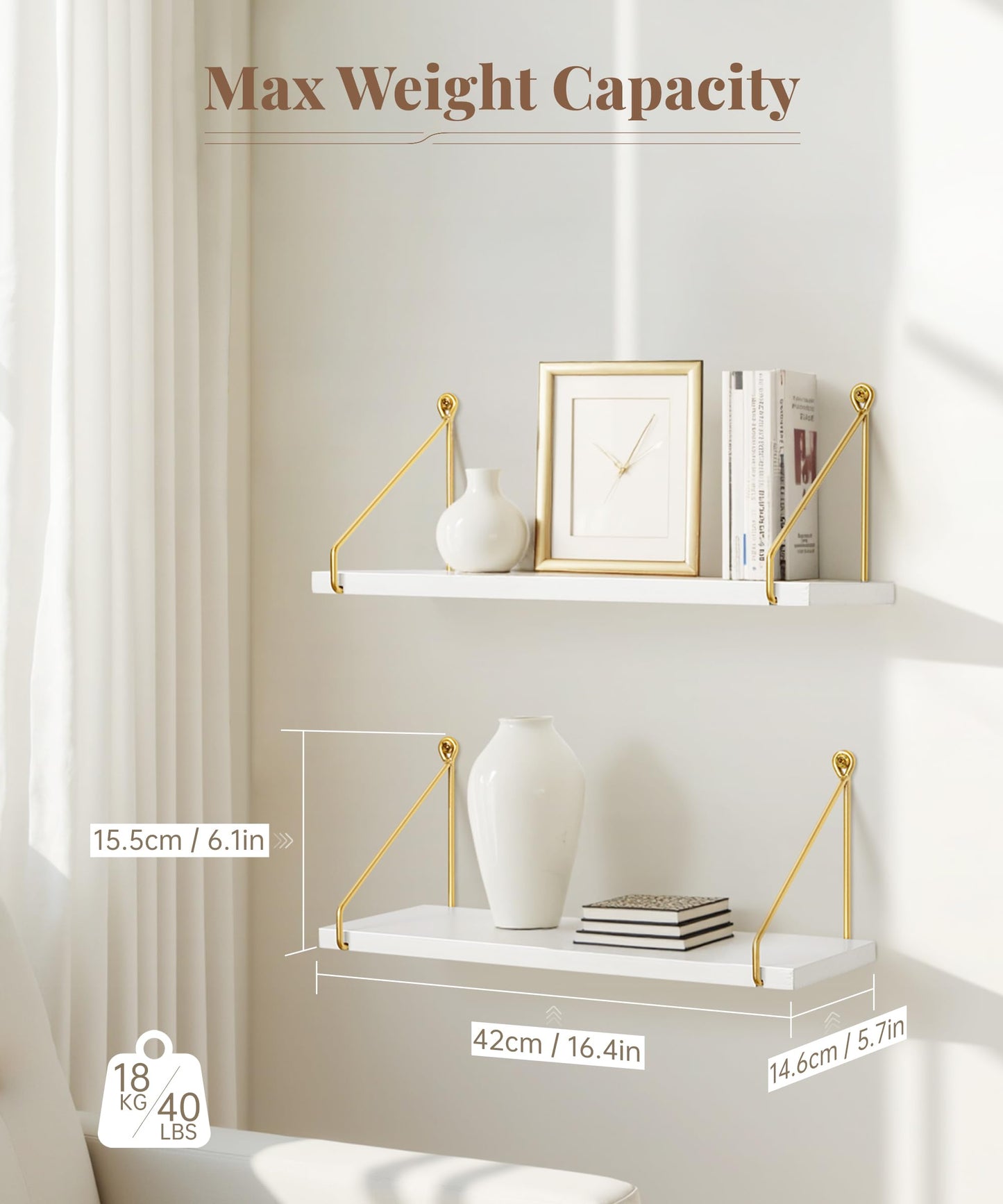 Afuly Floating Shelves Wall Mounted, Modern White Gold Wall Shelf, Wall Hanging Storage for Bathroom Kitchen Bedroom, Wood Metal Chic Wall Bookshelf, Set of 2