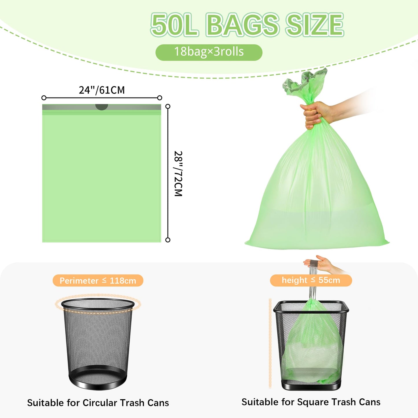 13 Gallon Drawstring Compostable Barabge Bags, 50L Biodegradable Trash Bags 108 Count, Thick Leak-Proof Kitchen Recycling Bags for Home Bathroom Office Outdoor