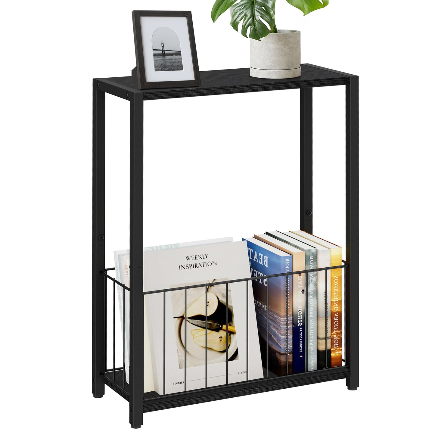 Homleke Narrow Side Table with Magazine Holder, Skinny End Table Perfect for Small Spaces, Space-Saving Design for Living Room, Bedroom, or Office, 18 x 43 x 60 cm, Black