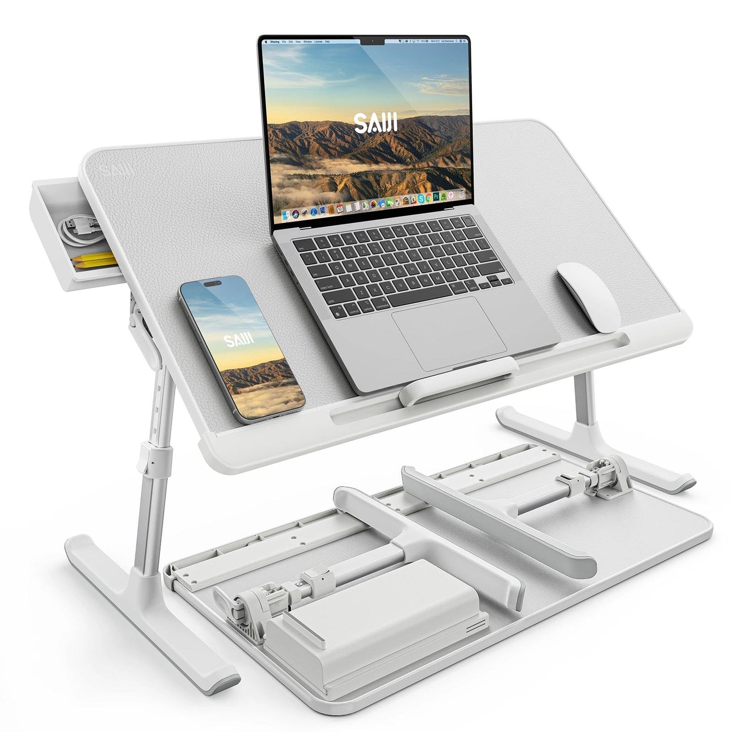 SAIJI Laptop Bed Tray Desk, Portable Table Stand with Storage Drawer, Adjustable PVC Leather, Foldable Laptop Tray for Sofa Couch Floor, 23.6 x 12.6 x 1 Inches(Large, White)