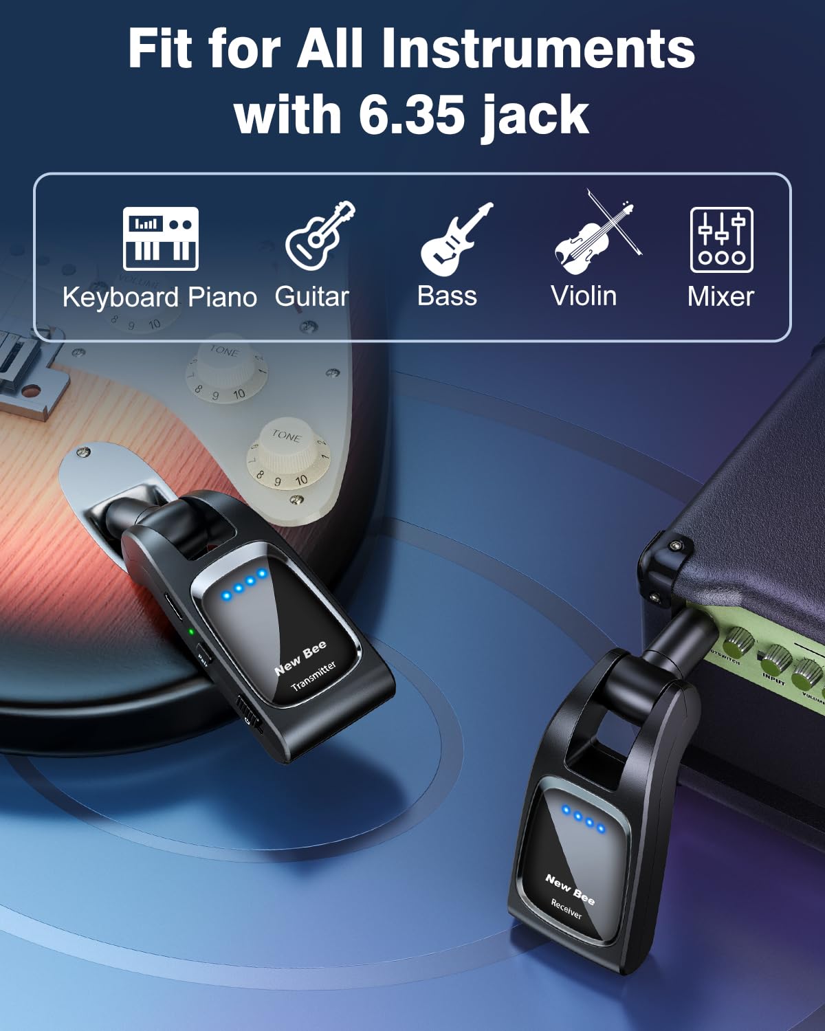 Wireless Guitar System 2.4GHz With 6 Channels Rechargeable Audio Transmitter Receiver for Bass Electric Instruments - Guitar Accessories