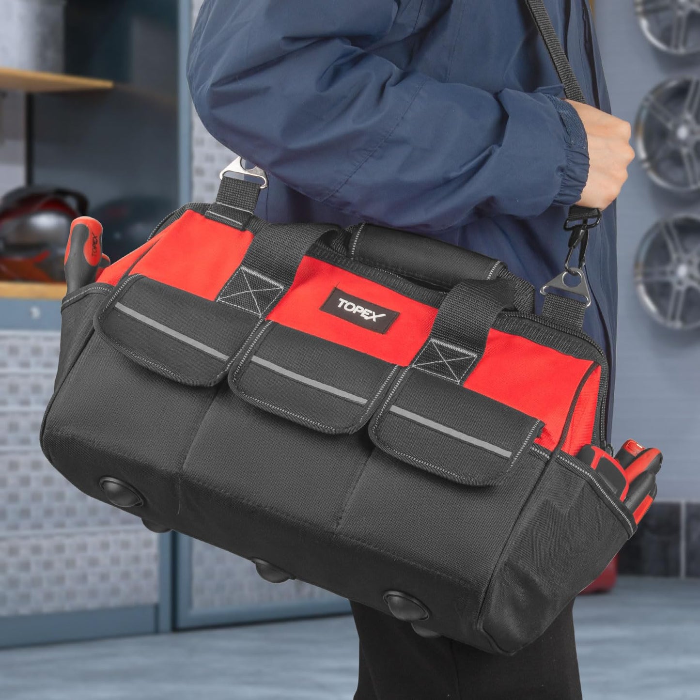 TOPEX 16-inch Tool Bag Multi-pocket Tool Organizer High Bearing Wide Mouth Tool Bag with Adjustable Shoulder Strap with 8 Pockets for Cars, Drill, Garden, Electrician, Technicians