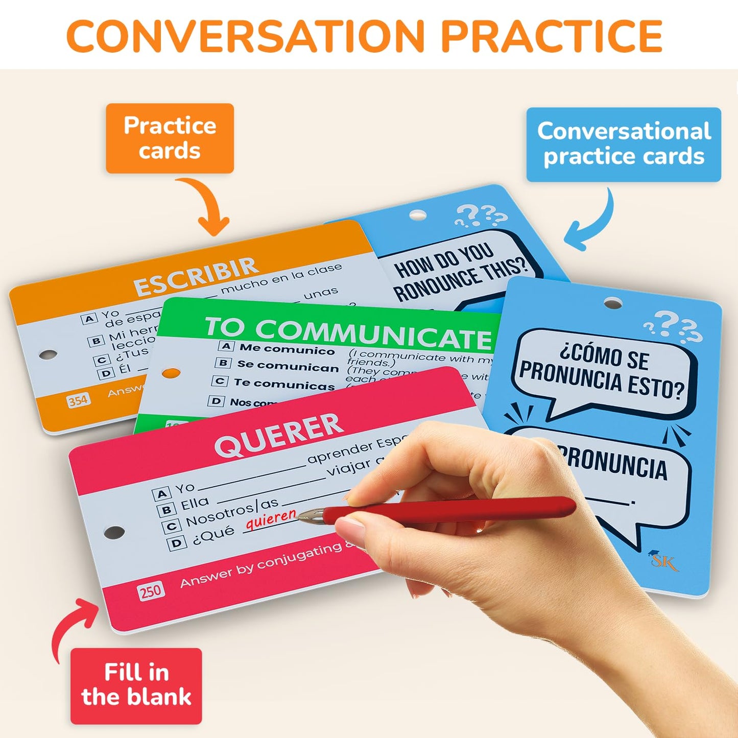 500+ English-Spanish Flash Cards for Adults and Kids 15+, Verb Conjugation, Nouns, Adjectives, and Phrases to Learn Spanish for Adult Beginners