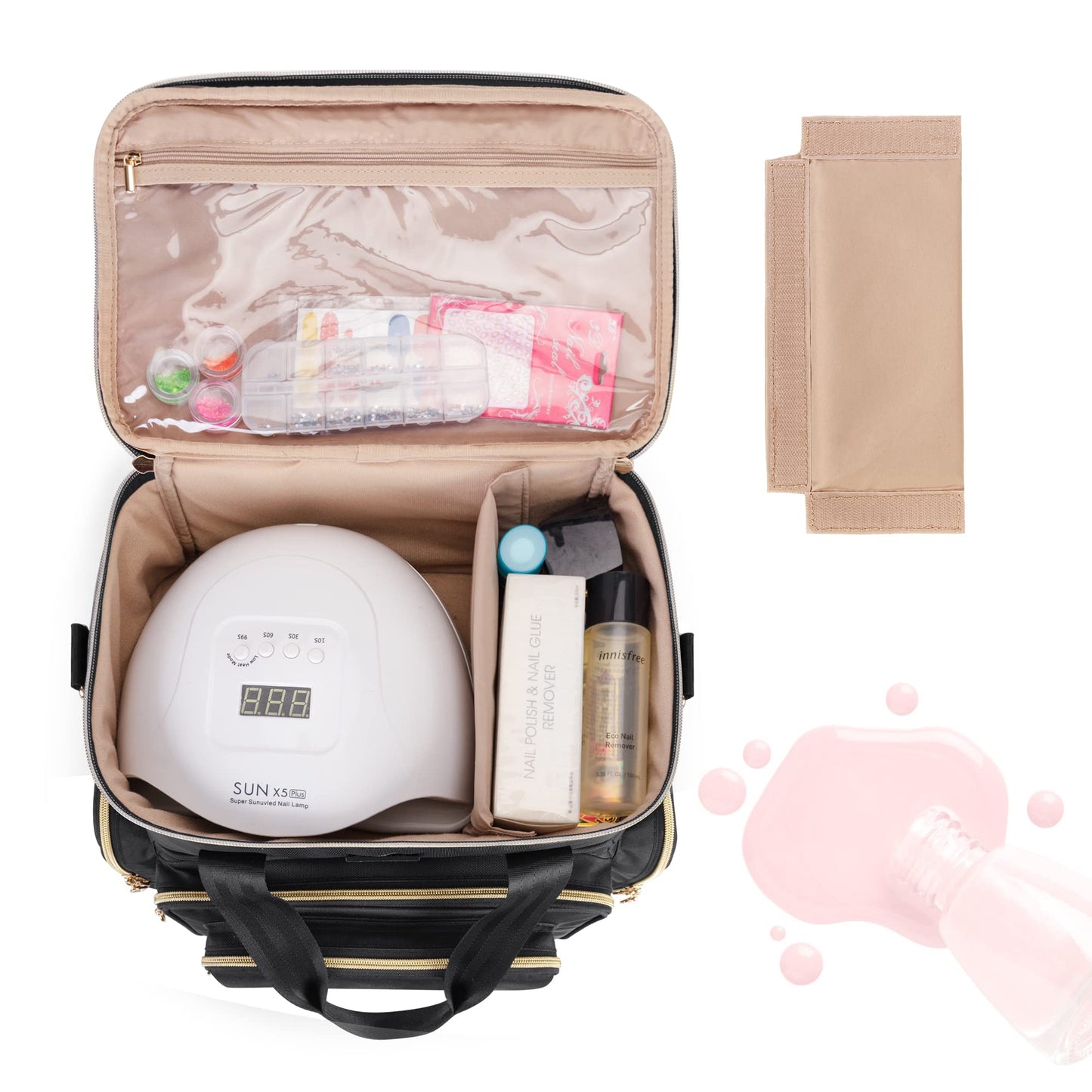 BAFASO Double Layer Nail Polish Organizer Holds 70 Bottles (15ml - 0.5 fl.oz) and a Nail Dryer, Nail Polish Case with 2 Removable Pouches and Tools Storage Sections (Bag Only), Black