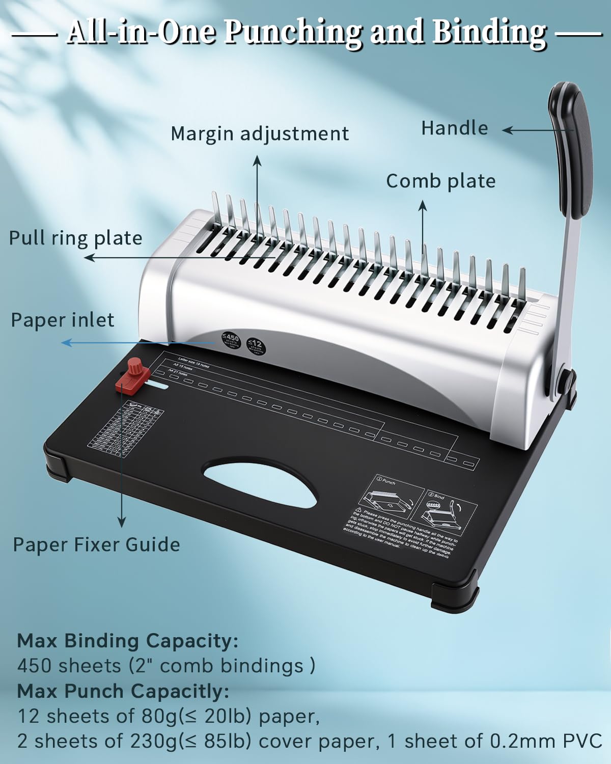 ATPEAM Comb Binding Machine 21-Holes 450 Sheets Capacity with 100 PCS 3/8'' Spines Comb Binding Machine for Letter Size, A4, A5