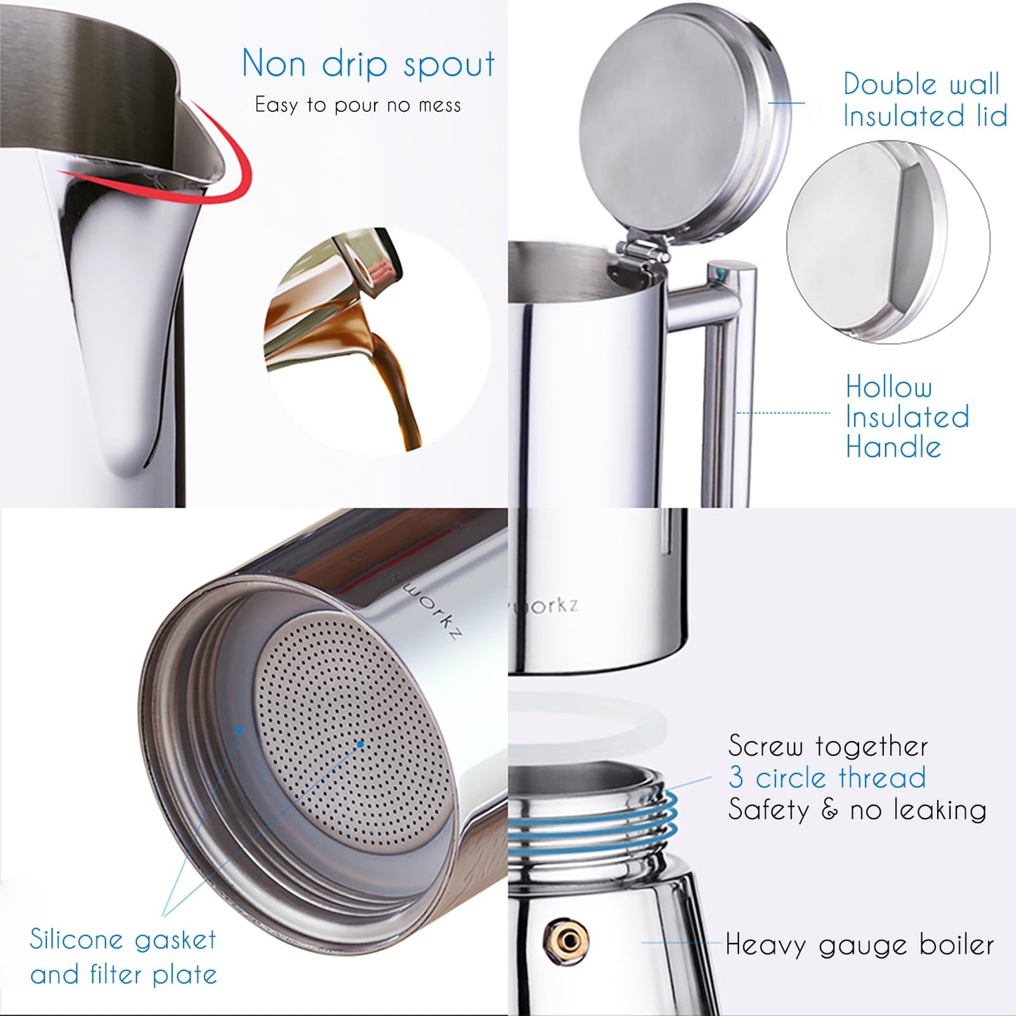 Easyworkz Diego Stovetop Espresso Maker 6Cup 300ml Stainless Steel Italian Coffee Machine Maker Induction Moka Pot