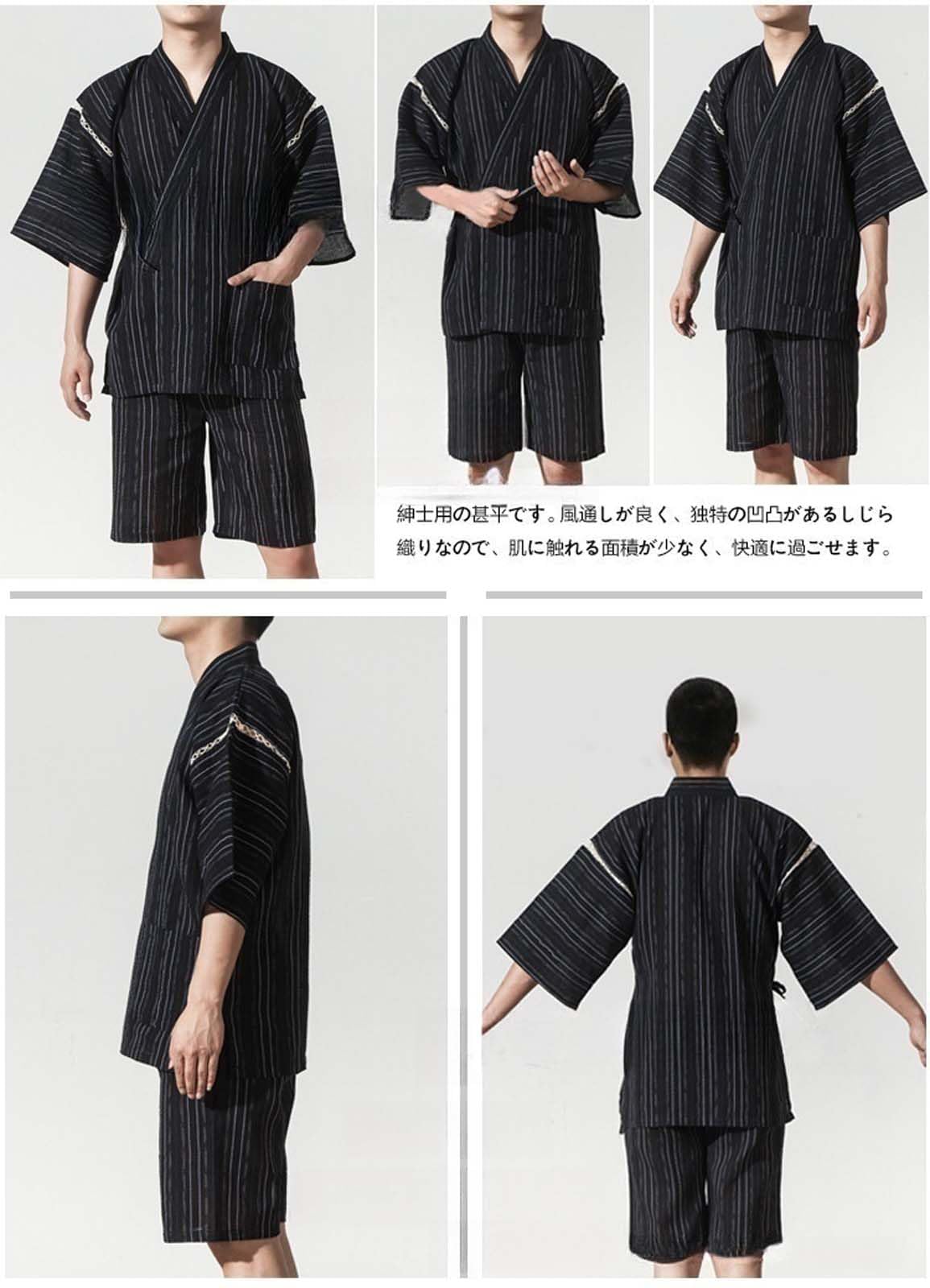 ZEALMAX Kimono Traditional Japanese Style Pajamas Set Shirt and Shorts, Men's Cotton Linen Loungewear Bathrobe Casual Clothes Multicolor, Multicolor, Large