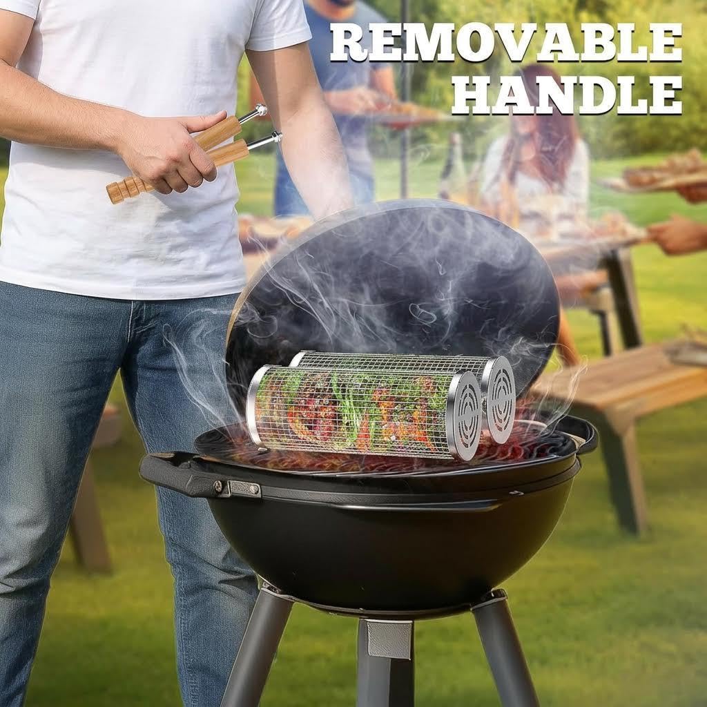 2 Pack Rolling Grill Basket, Removable Wooden Handle, 304 Stainless Steel, Smoker BBQ Accessories for Vegetable Fish Meat, Outdoor Grill Camping Backyard Cooking, Nesting BBQ Tools Birthday Gifts for Men Dad Husband