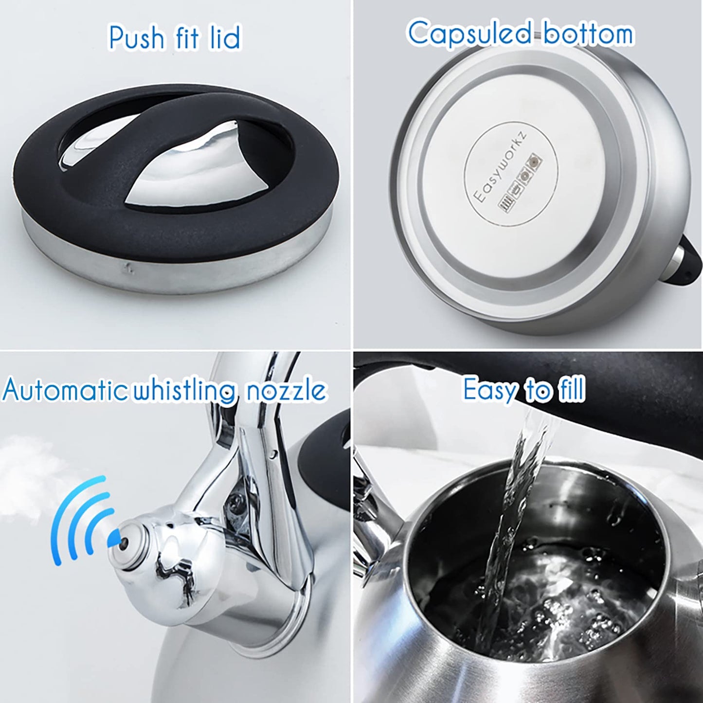 Easyworkz Whistling Stovetop Tea Kettle Food Grade Stainless Steel Hot Water Tea Pot with Loud Whistle,3.1 Quart(3.0l)
