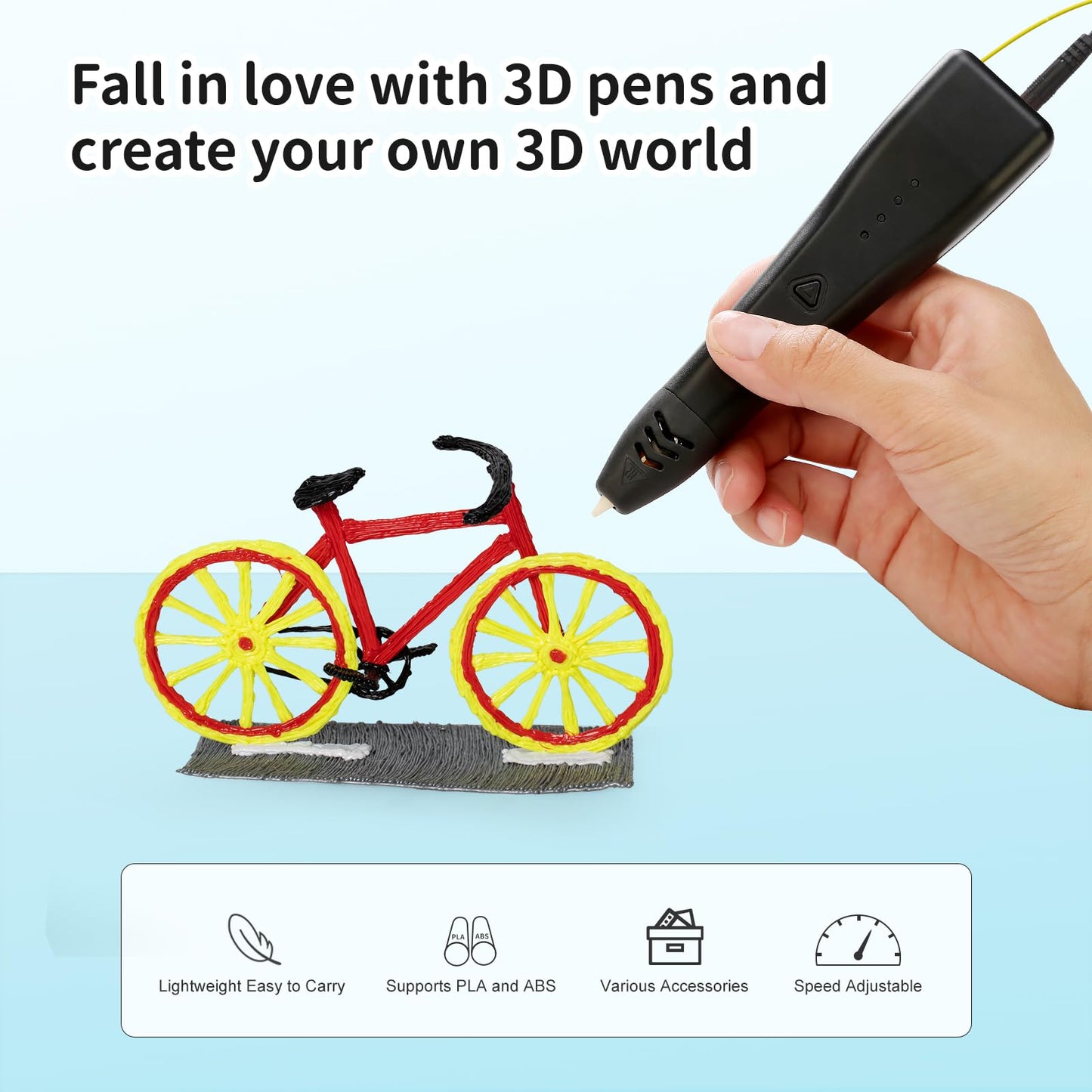 Kretrum 3D Pen for Kids | Portable 3D Printing Pen | 3D Printer Pen with 1.75mm PLA Filament, Fingerstall, Pen Holder, Stencil Book, Charger for Teenagers Stylo 3D Crayon 3D (Black)