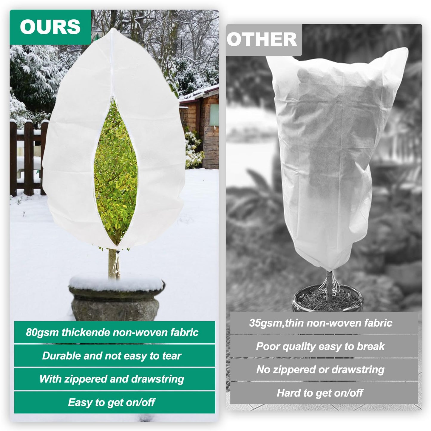 4 Pack Plant Covers for Winter 120x180cm, 80gsm Garden Fleece Frost Protection Bags with Zipper Drawstring, Plant Fleece Frost Freezing Cloth Blanket for Outdoor Plants Fruit Tree Potted Plants