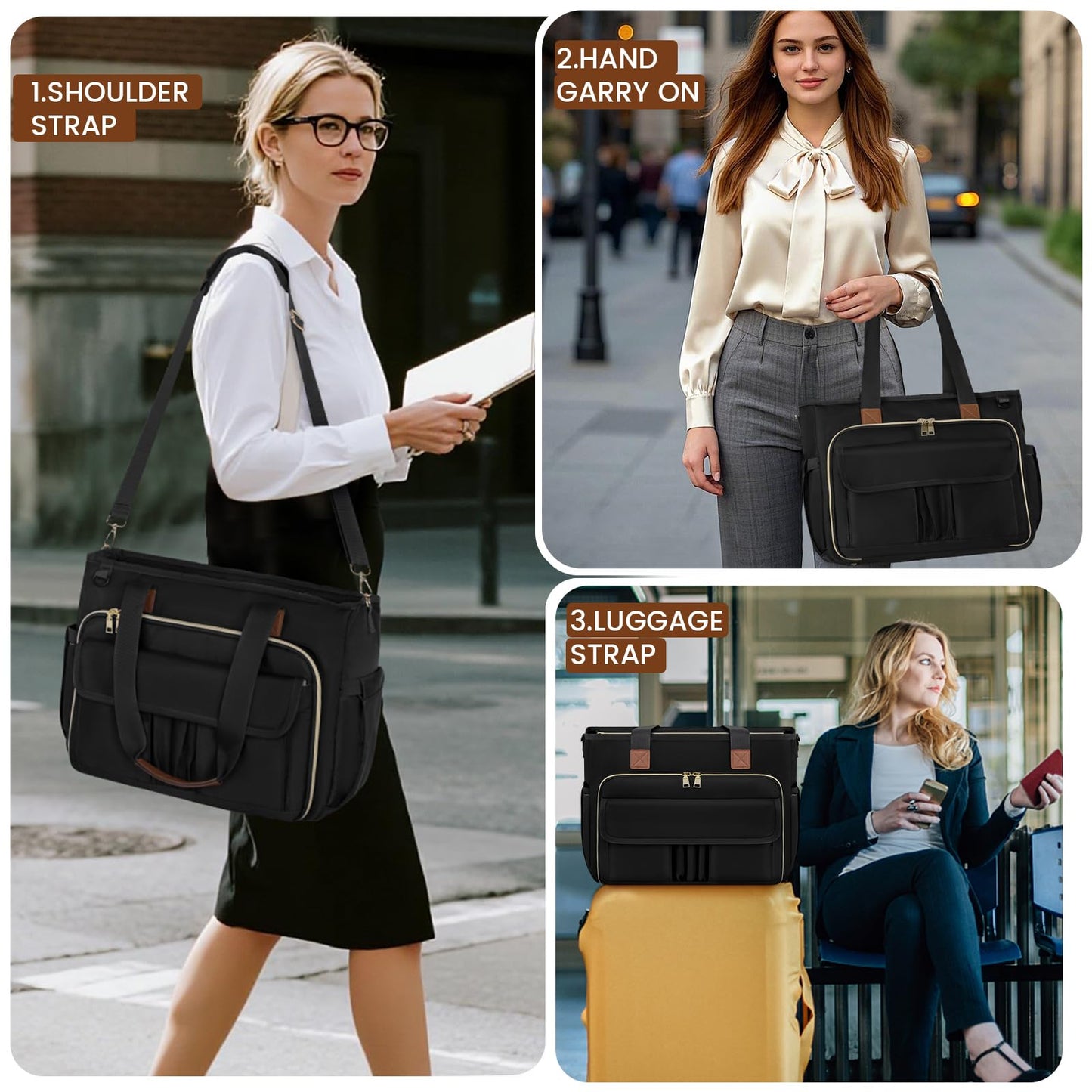 RAINSMORE Teacher Tote Bag 15.6 inch Laptop Bag for Women Large Work Teacher Bag Nurse Bag Professional Computer Messenger Bag Canvas Tote Bags Briefcase Handbag for Nursing, College, Office, Black