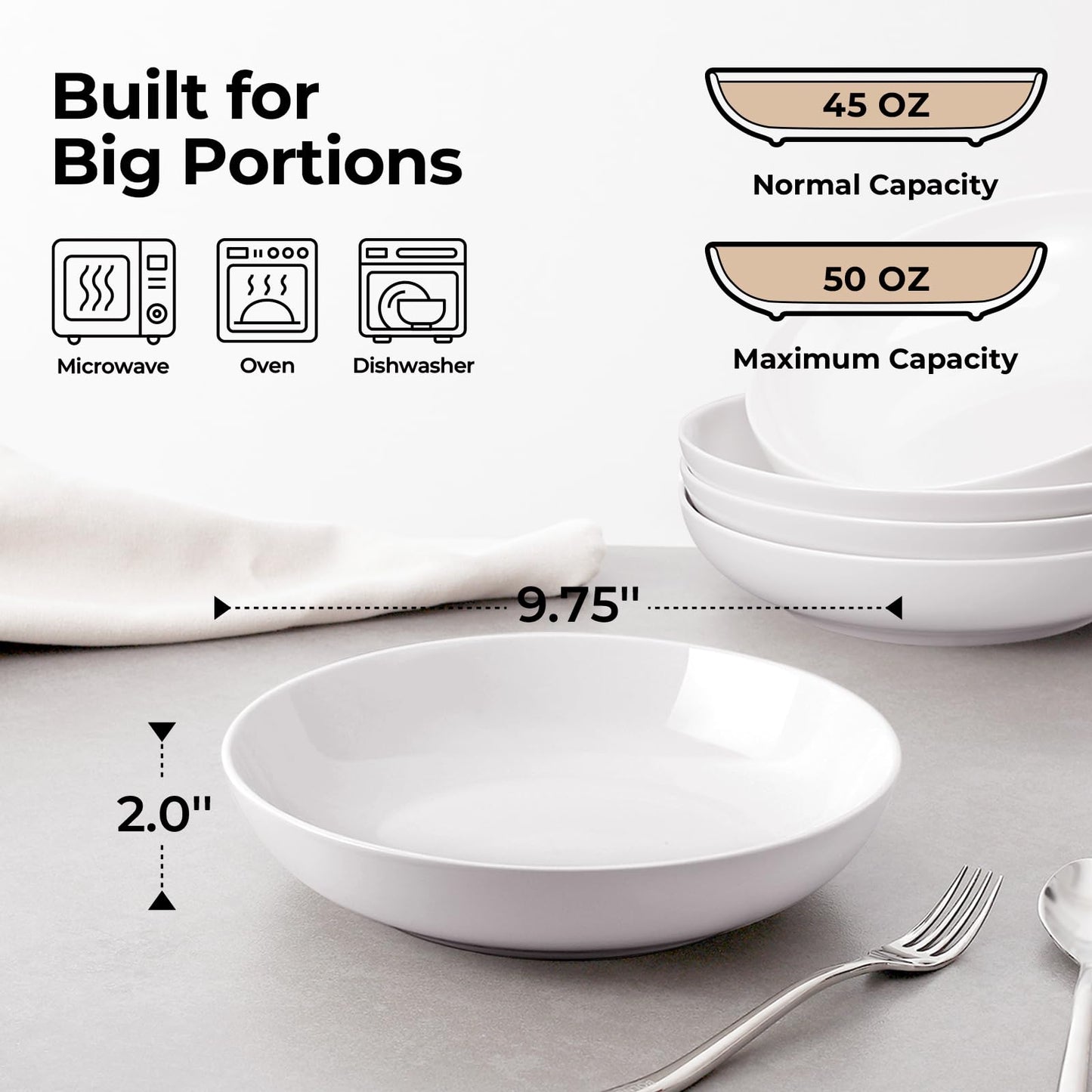 Y YHY 9.75" Pasta Bowls Set of 4, Large Shallow White Ceramic Salad Bowls, 50oz Wide Dinner Bowls for Pasta, Soup, Salad & Stew, Microwave & Dishwasher Safe, Housewarming Gift