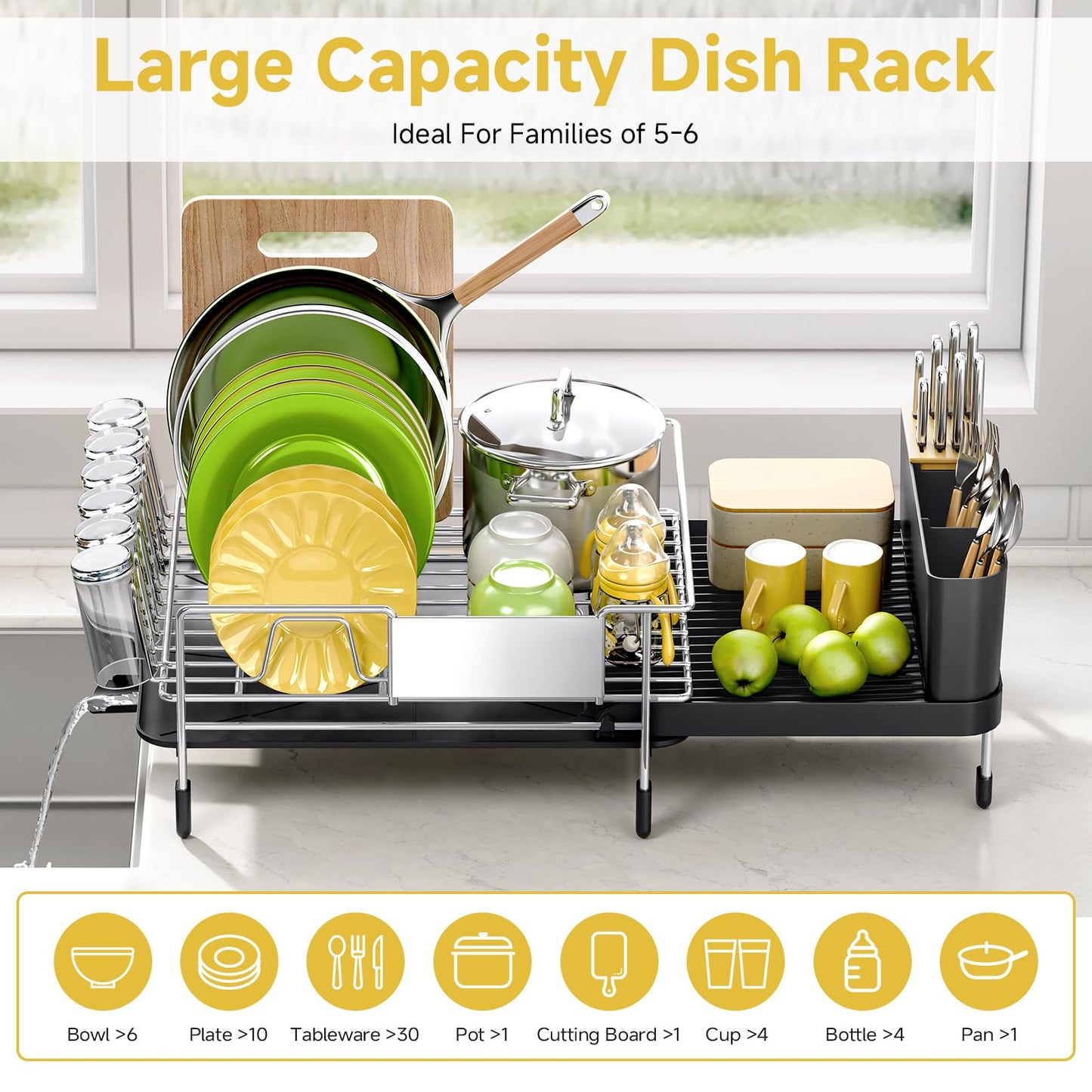 Urackify Expandable Dish Drying Rack Stainless Steel Dish Rack with Drainboard Set Dish Drainer for Kitchen Counter Large Capacity Dish Dryer Rack with 360° Swivel Spout